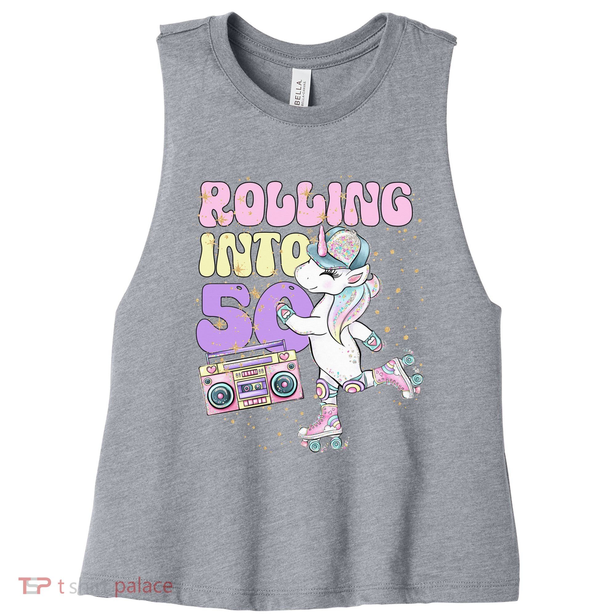 50th Birthday Roller Skate Party Unicorn Retro 90s Skating Women's Racerback Cropped Tank