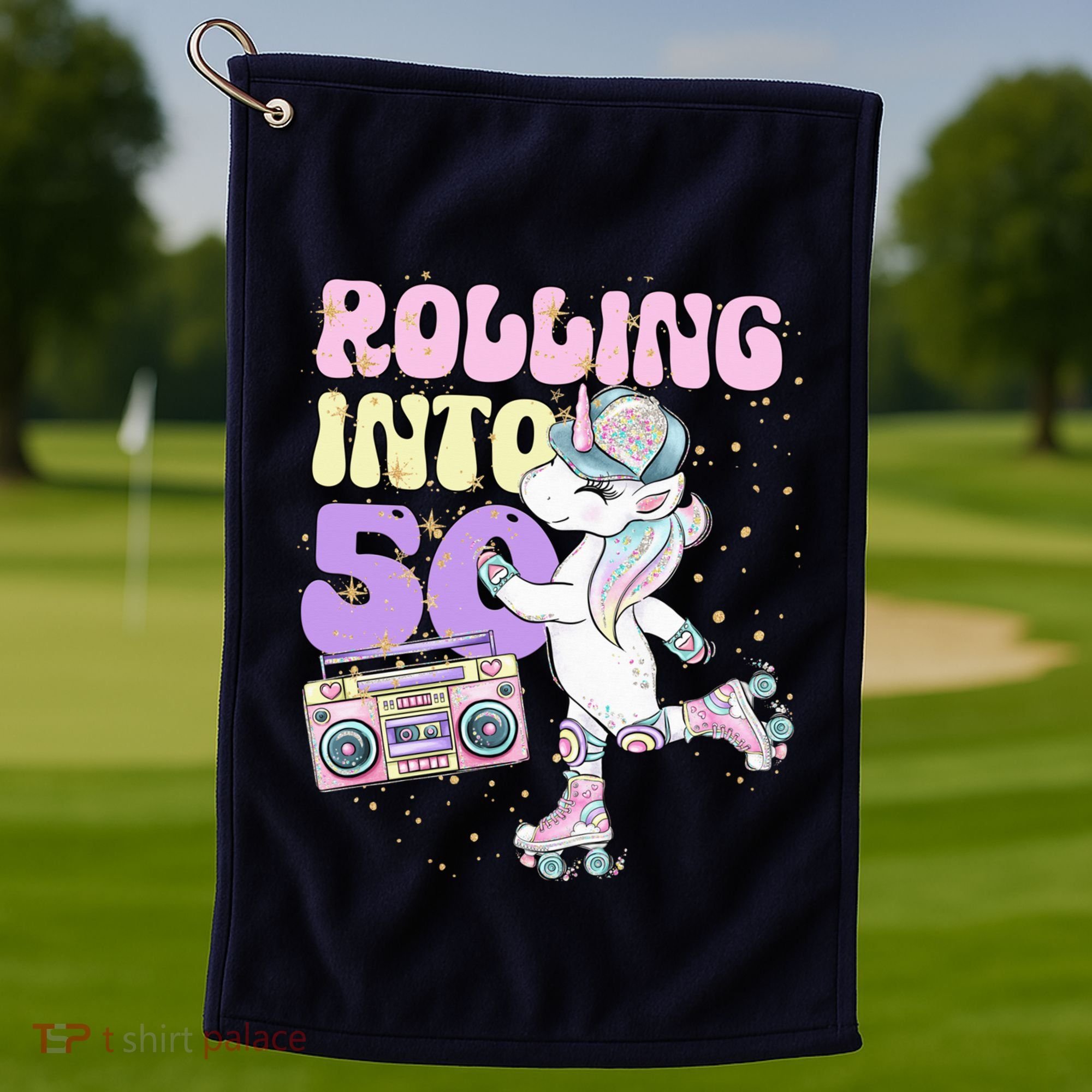 50th Birthday Roller Skate Party Unicorn Retro 90s Skating Golf Towel