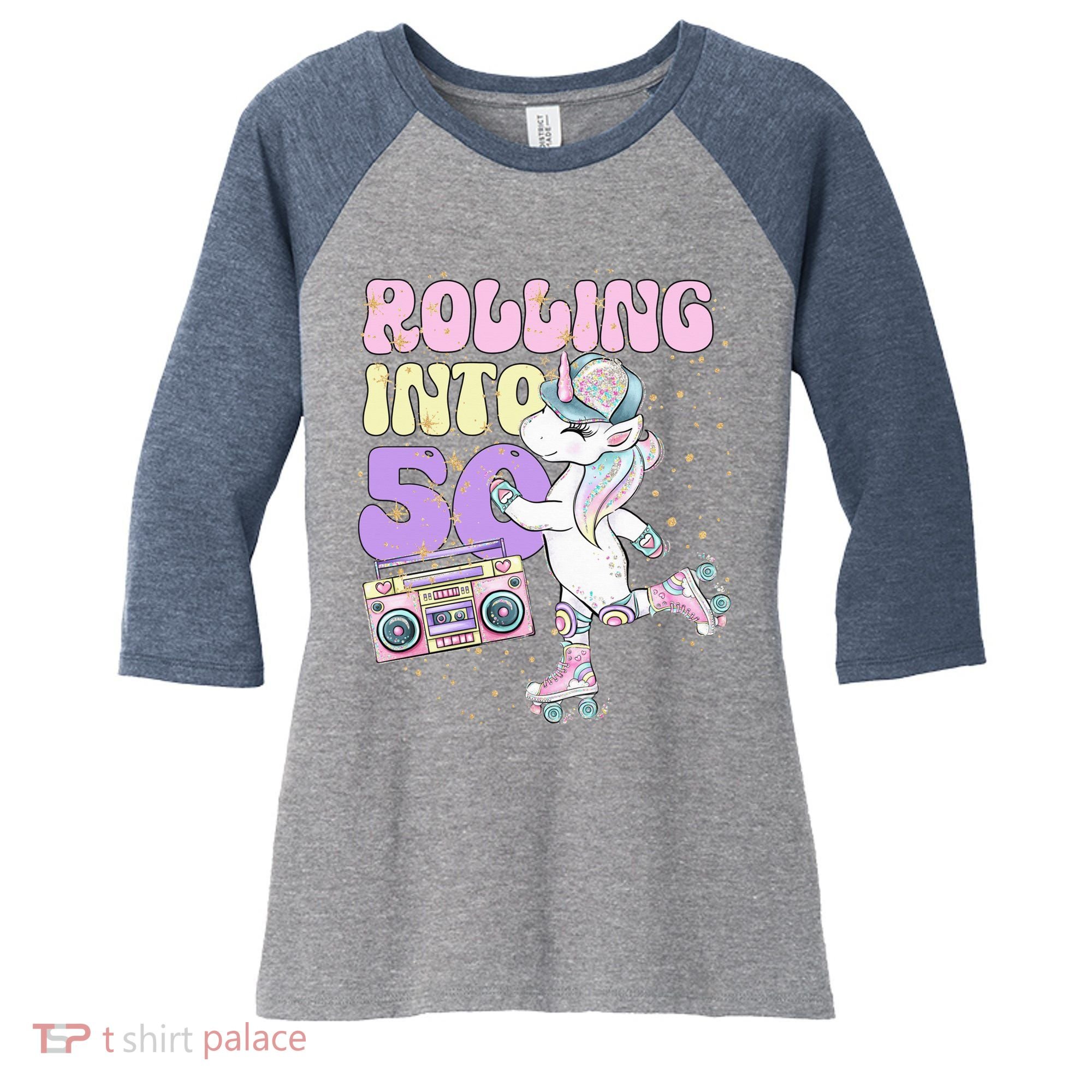 50th Birthday Roller Skate Party Unicorn Retro 90s Skating Women's Tri-Blend 3/4-Sleeve Raglan Shirt