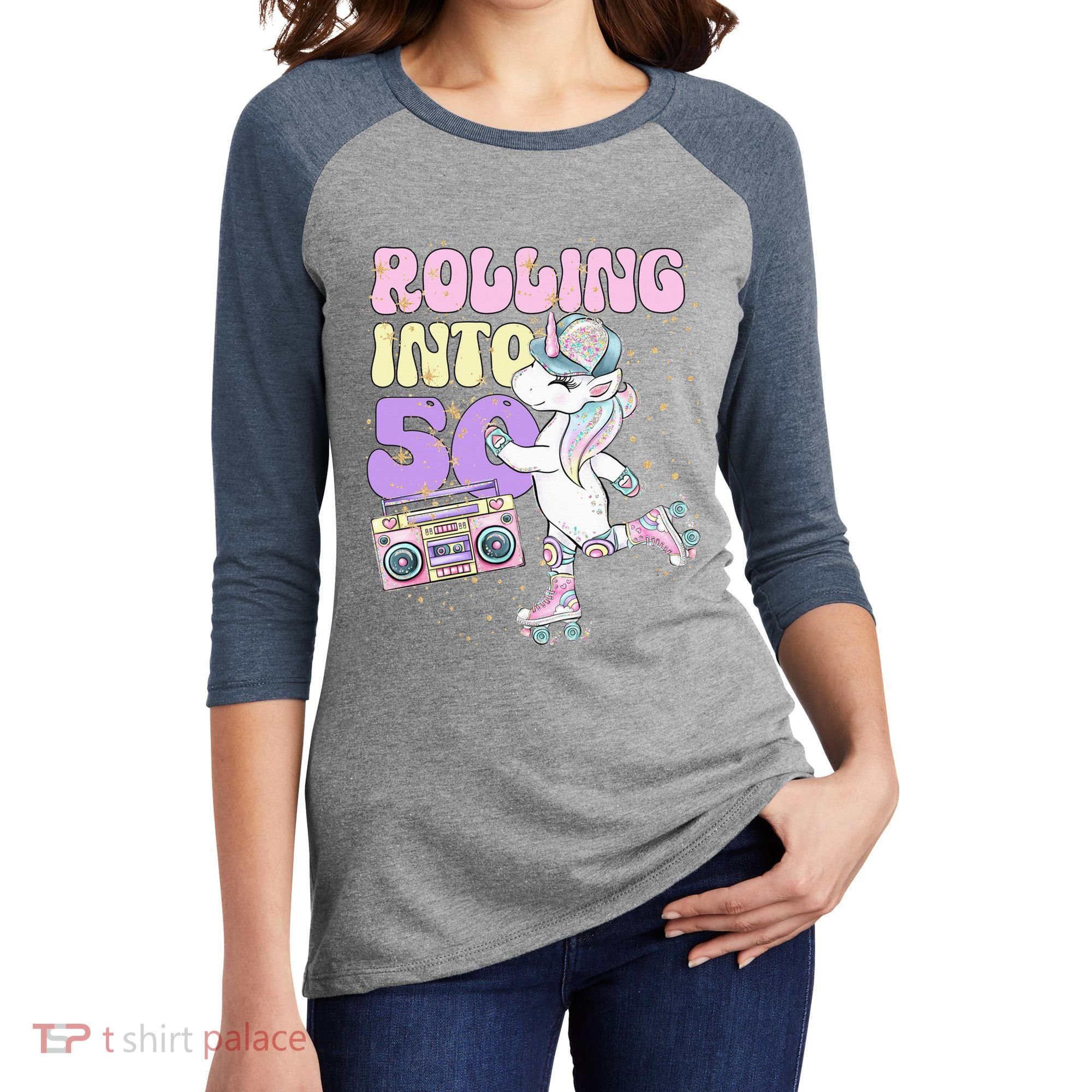 50th Birthday Roller Skate Party Unicorn Retro 90s Skating Women's Tri-Blend 3/4-Sleeve Raglan Shirt