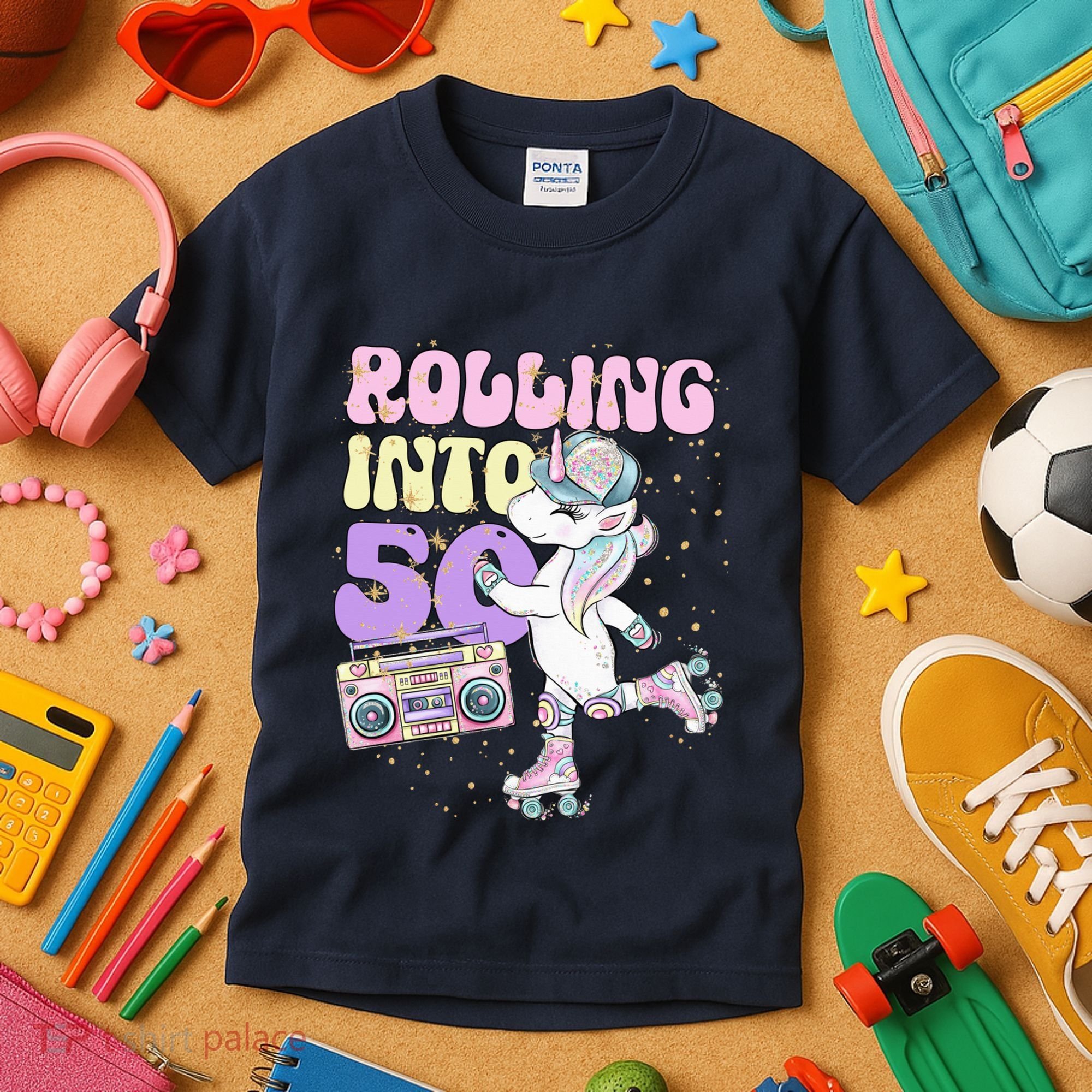 50th Birthday Roller Skate Party Unicorn Retro 90s Skating Kids T-Shirt