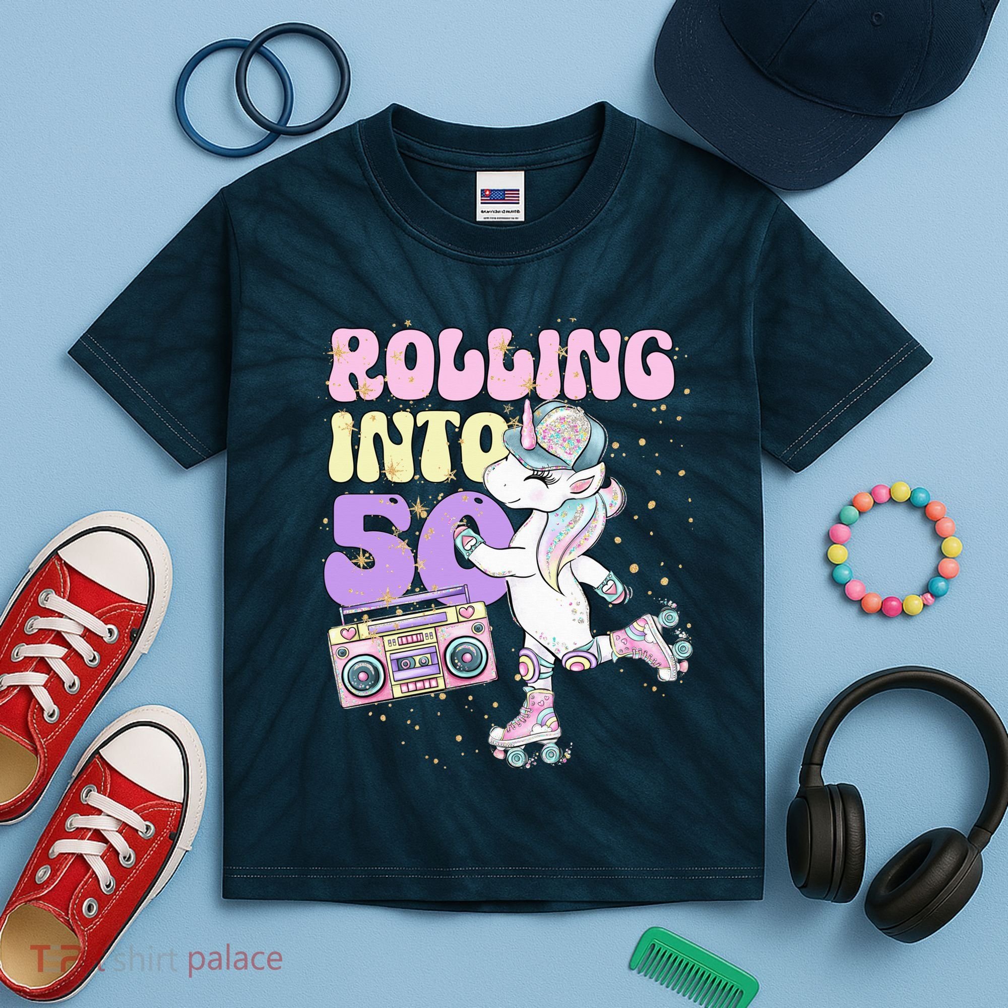50th Birthday Roller Skate Party Unicorn Retro 90s Skating Kids Tie-Dye T-Shirt