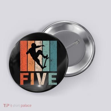 5th Birthday Retro Skateboard Skater 5 Years Old Button
