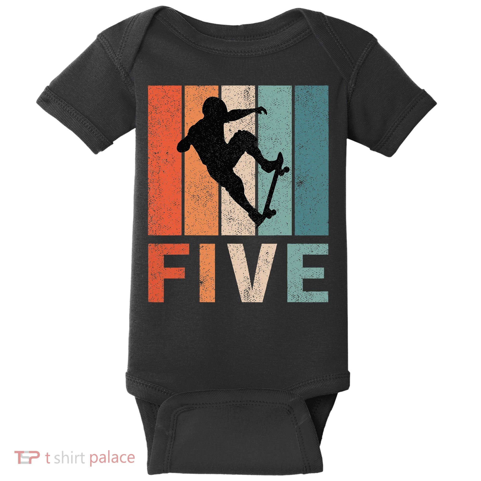 5th Birthday Retro Skateboard Skater 5 Years Old Baby Bodysuit