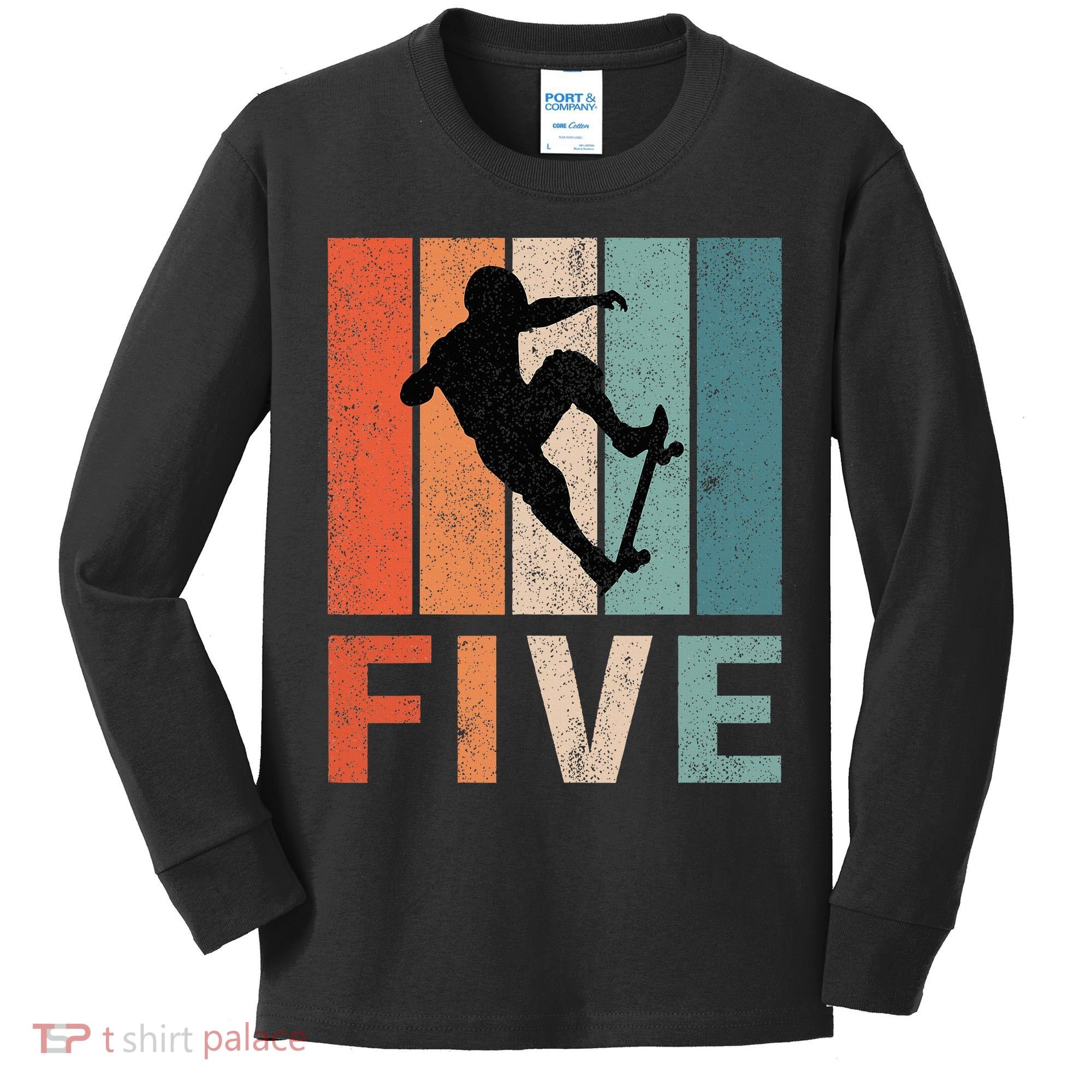 5th Birthday Retro Skateboard Skater 5 Years Old Kids Long Sleeve Shirt