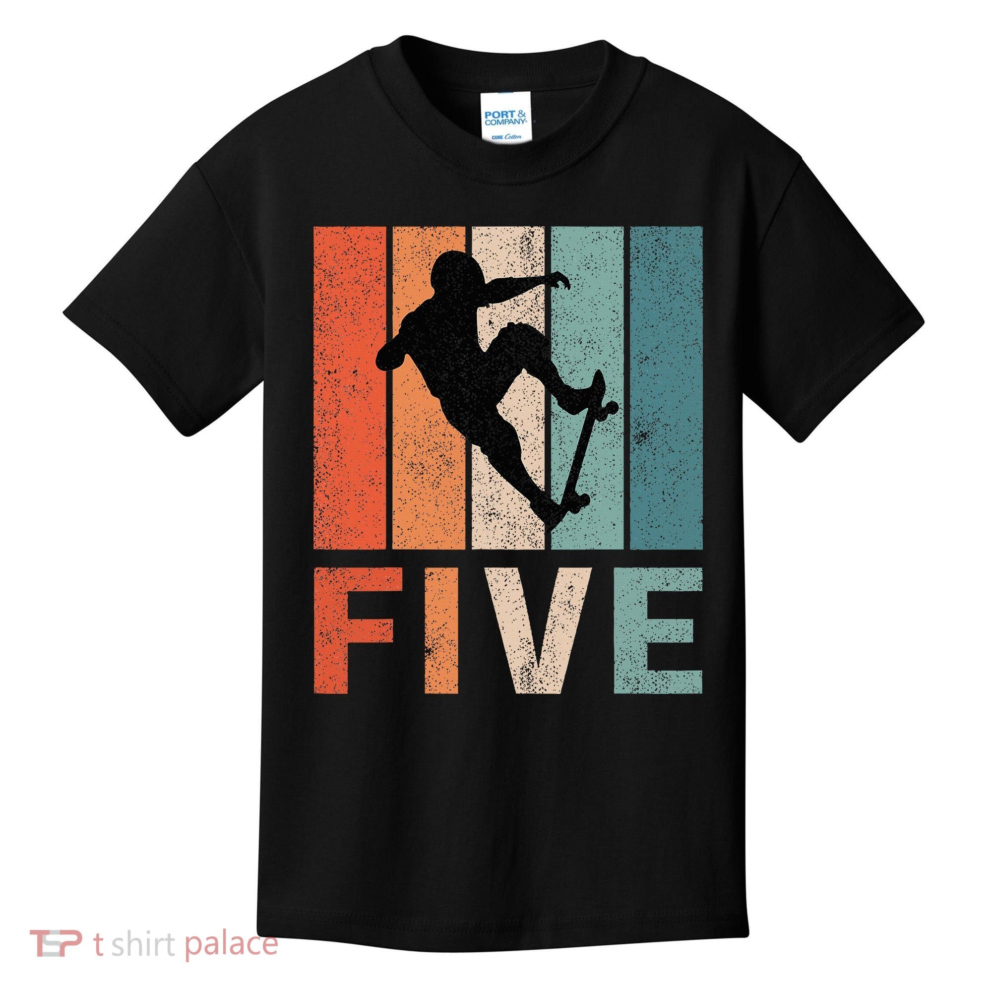 5th Birthday Retro Skateboard Skater 5 Years Old Kids T-Shirt