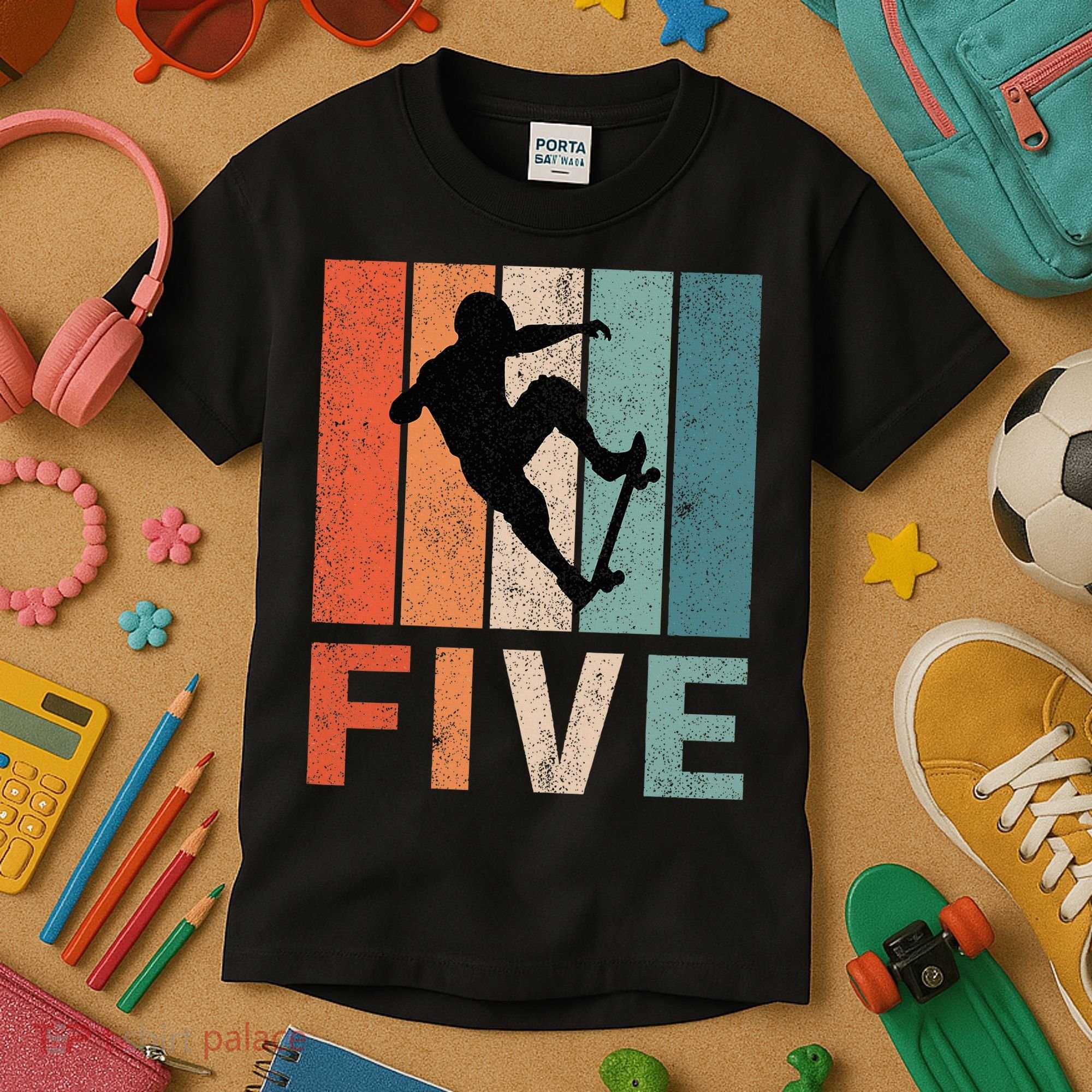 5th Birthday Retro Skateboard Skater 5 Years Old Kids T-Shirt