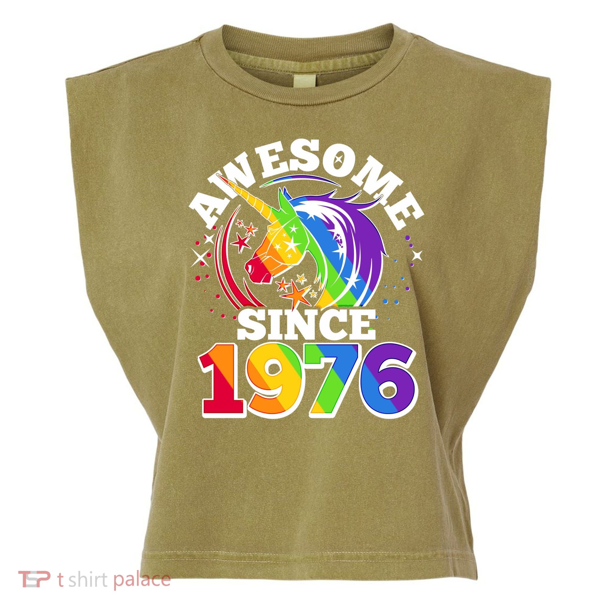 50th Birthday Rainbow Unicorn Awesome Since 1976 Garment-Dyed Women's Muscle Tee
