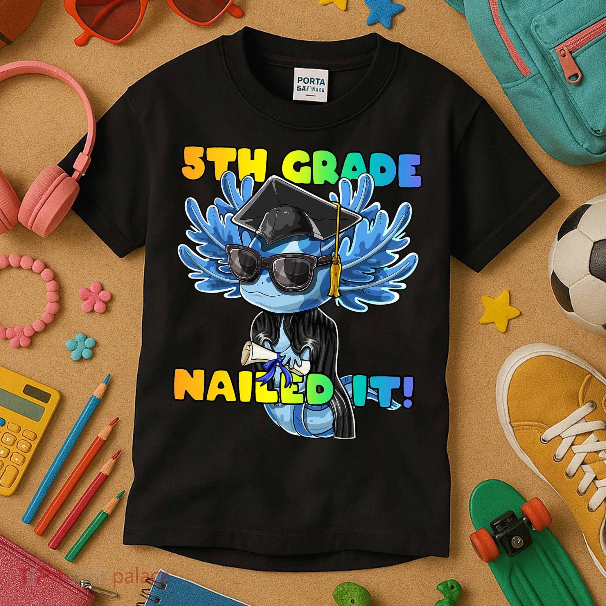 5th Grade Nailed It Axolotl Graduation Cap And Gown Kids T-Shirt