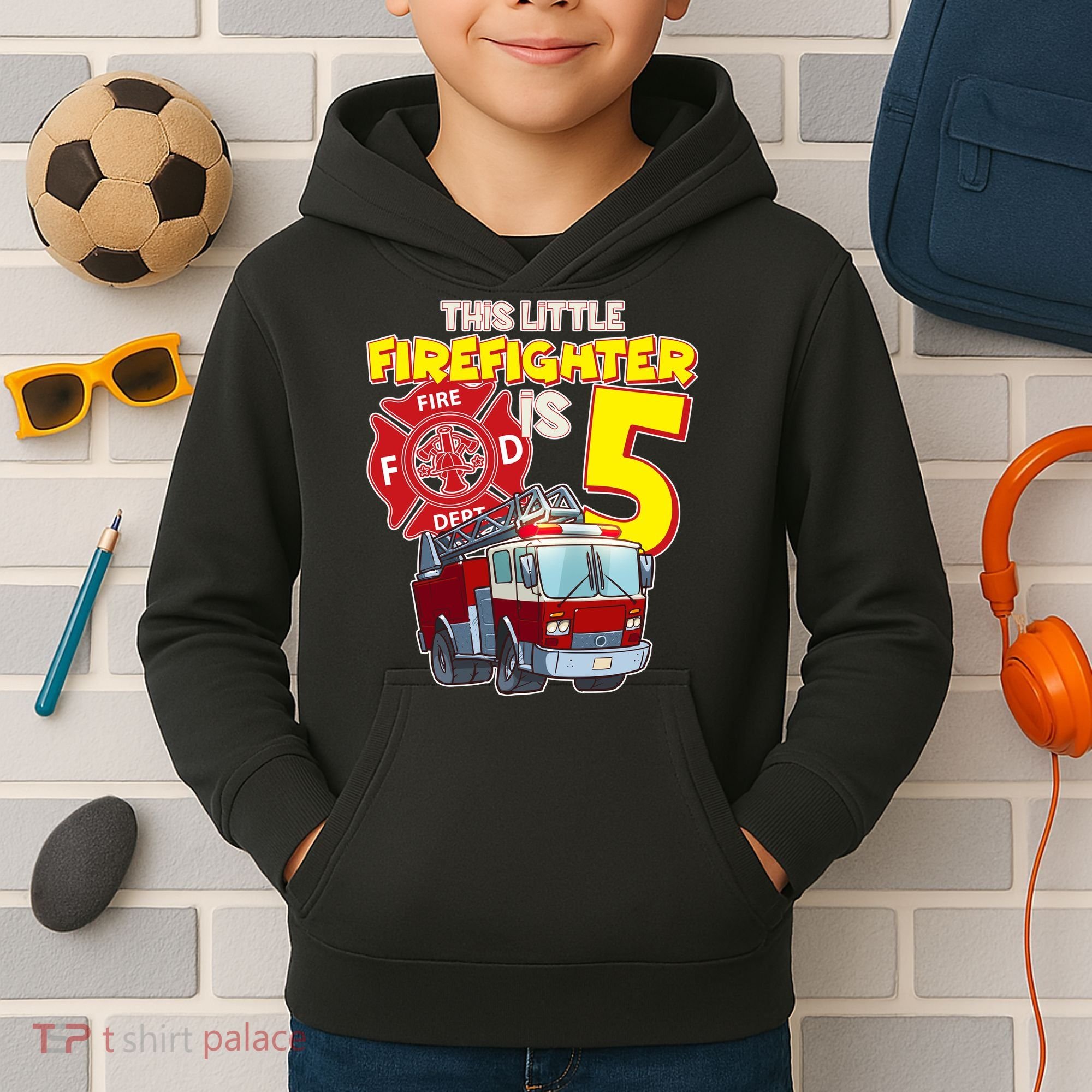5th Birthday This Little Firefighter Is Five Kids Hoodie
