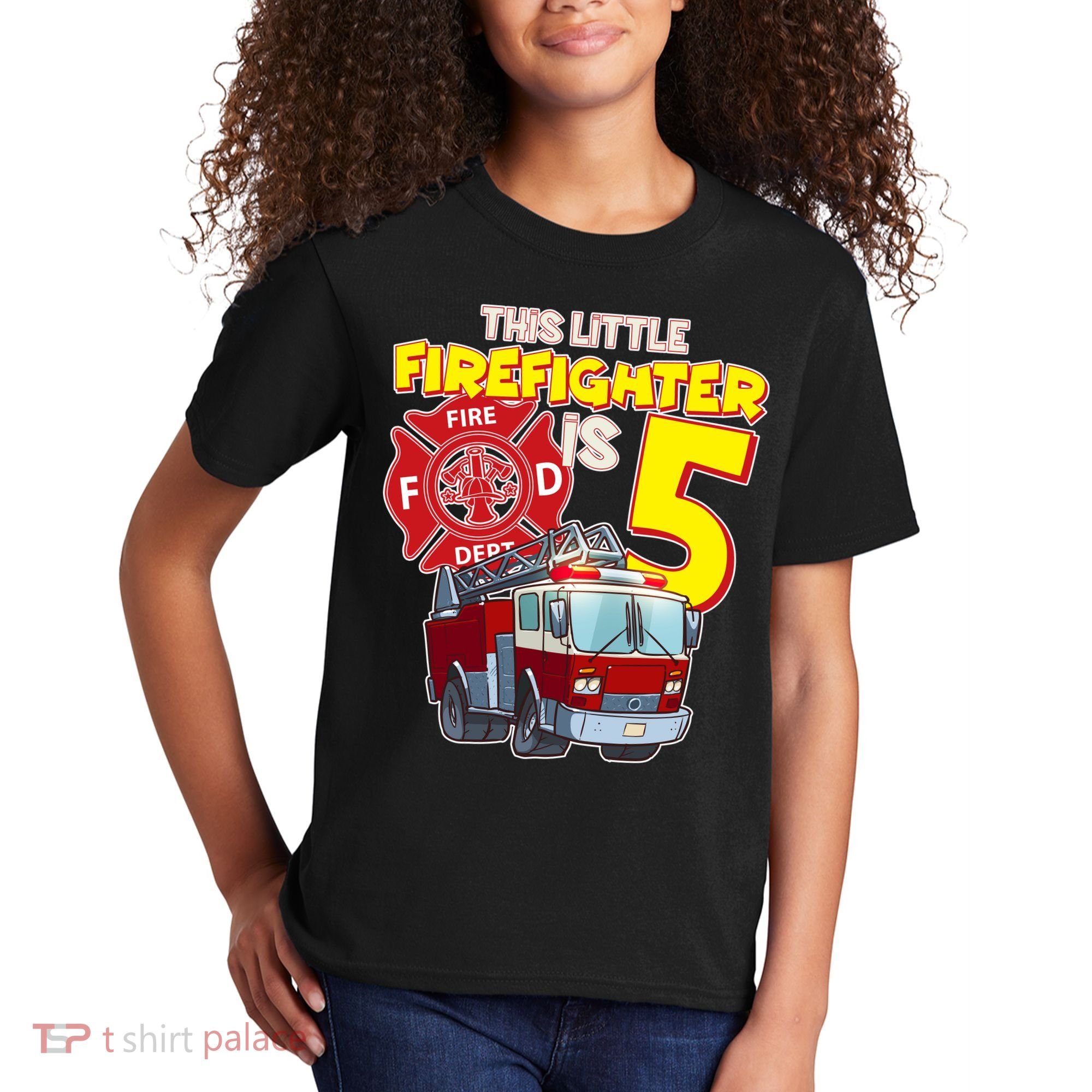 5th Birthday This Little Firefighter Is Five Kids T-Shirt