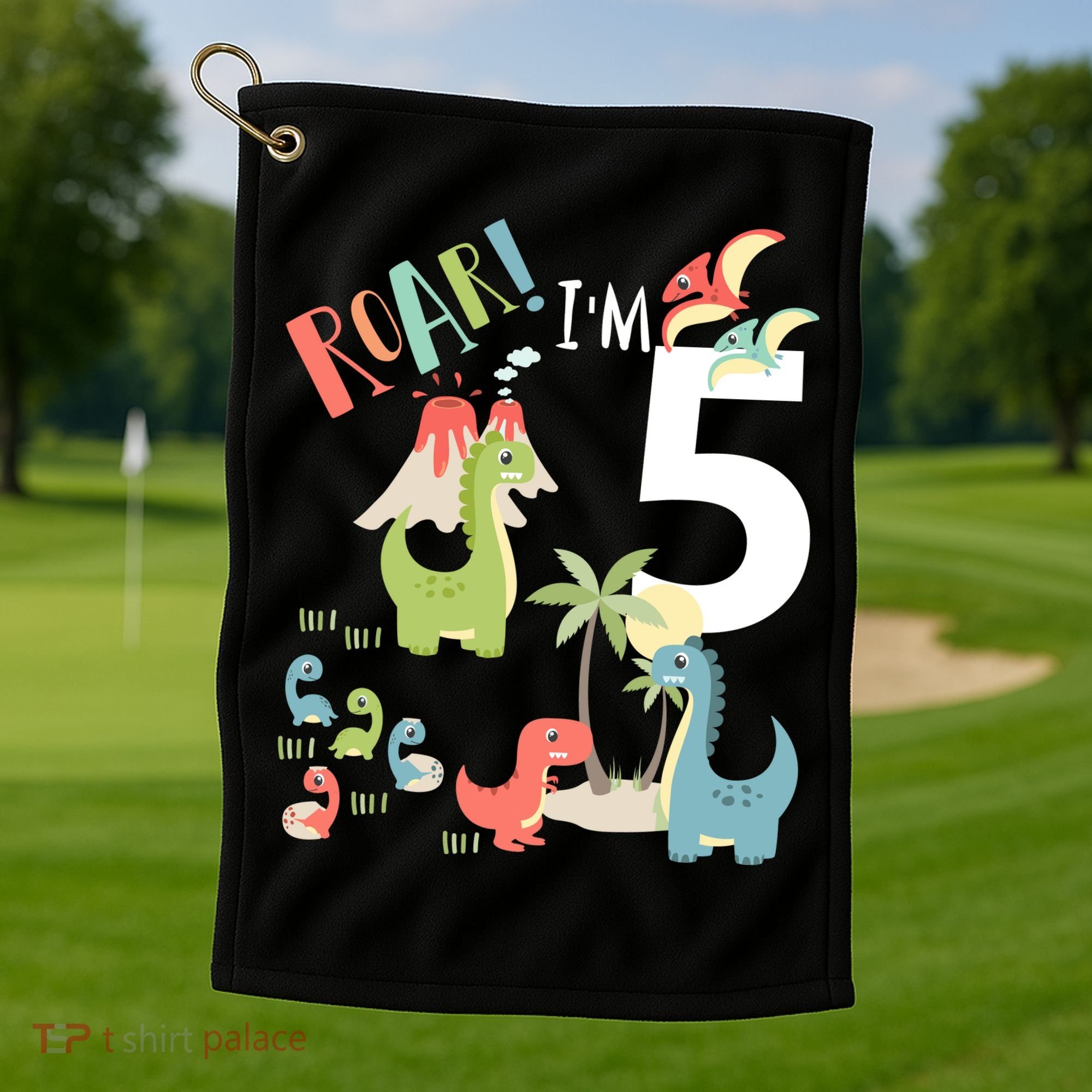 5 Year Old Roar Im 5 5th Birthday Boy T Rex Dinosaur Golf Towel