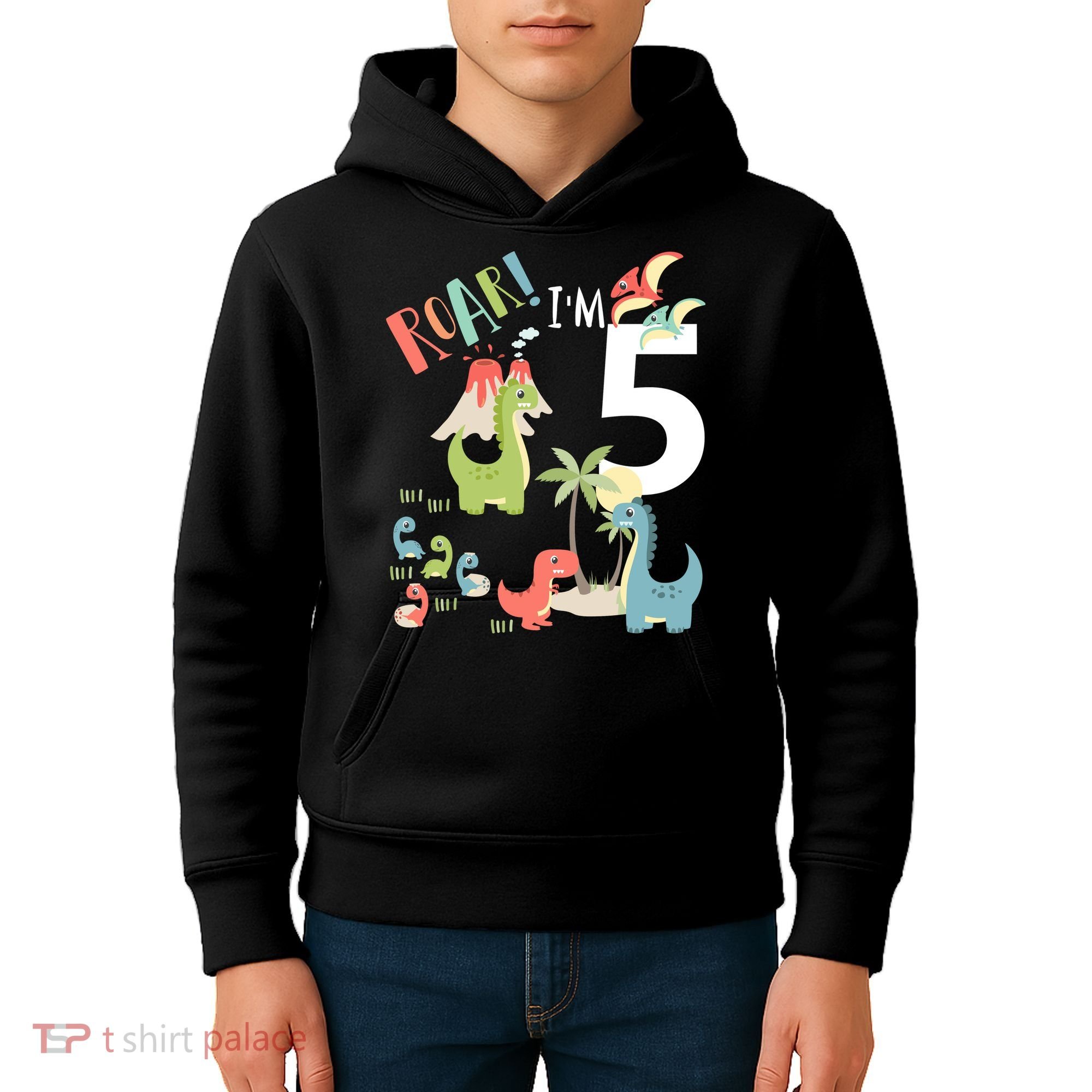 5 Year Old Roar Im 5 5th Birthday Boy T Rex Dinosaur Kids Hoodie