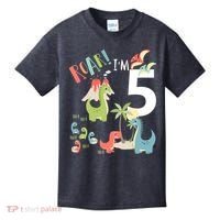 5 Year Old Roar Im 5 5th Birthday Boy T Rex Dinosaur Kids T-Shirt thumb 0