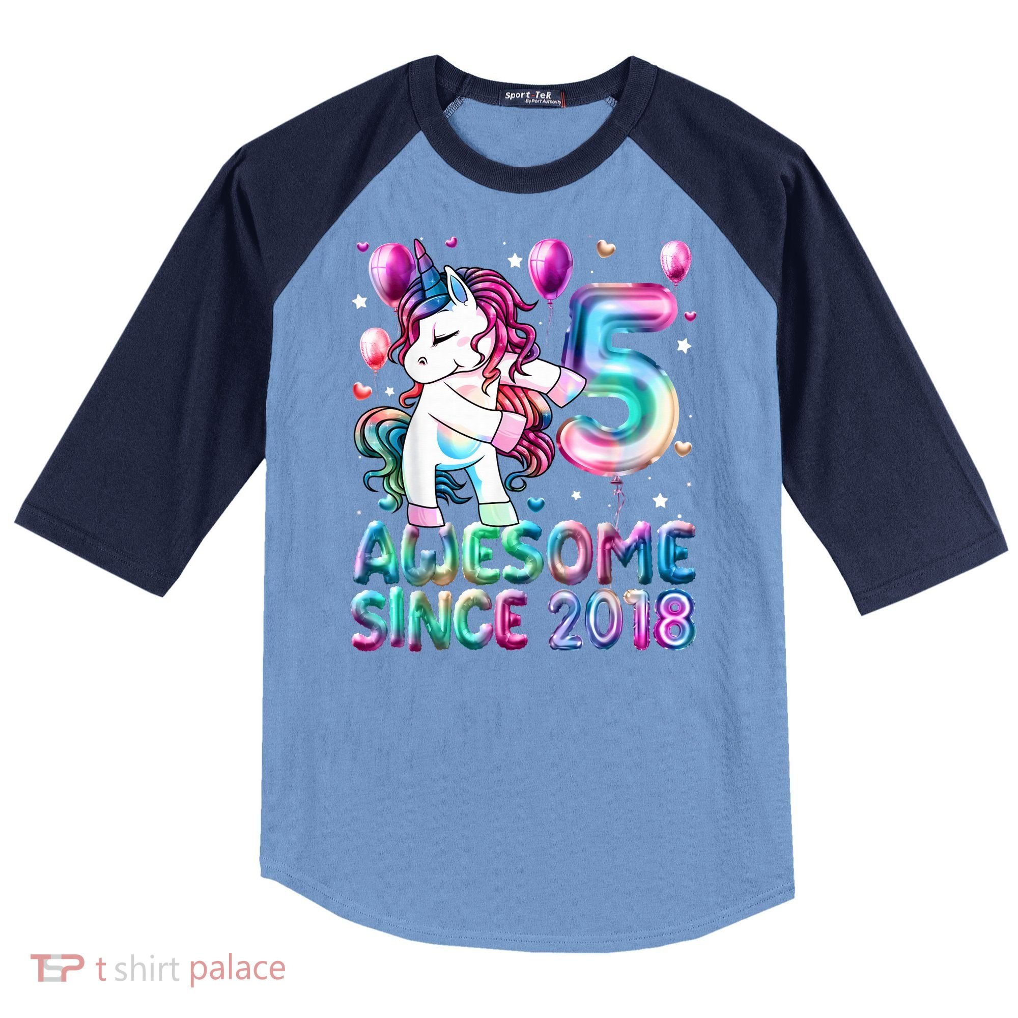 5 Years Old Unicorn Flossing 5th Birthday Girl Unicorn Party Raglan Baseball Sleeve Shirt