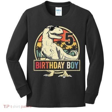 5 Year Old  5th Birthday  T Rex Dinosaur Kids Long Sleeve Shirt