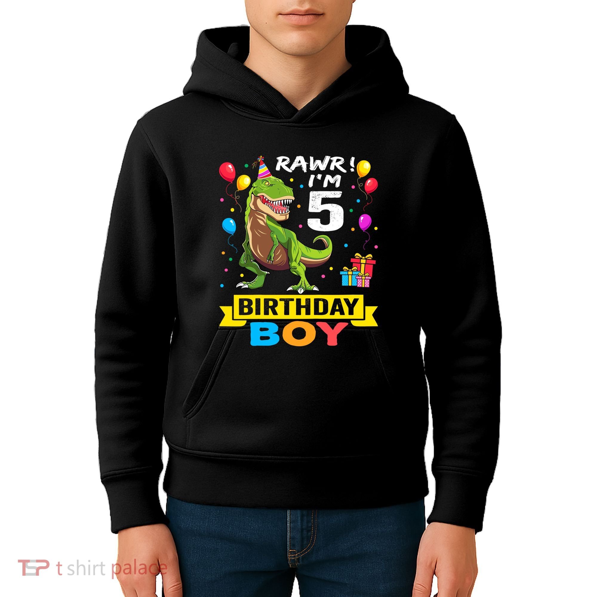 5 Year Old 5th Birthday Boy T Rex Dinosaur Kids Hoodie