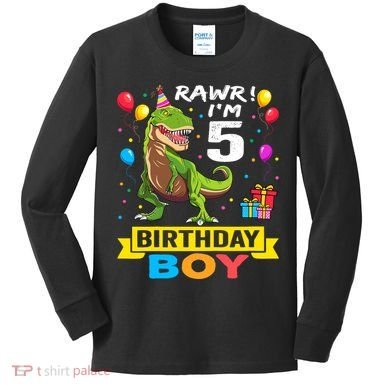 5 Year Old 5th Birthday Boy T Rex Dinosaur Kids Long Sleeve Shirt