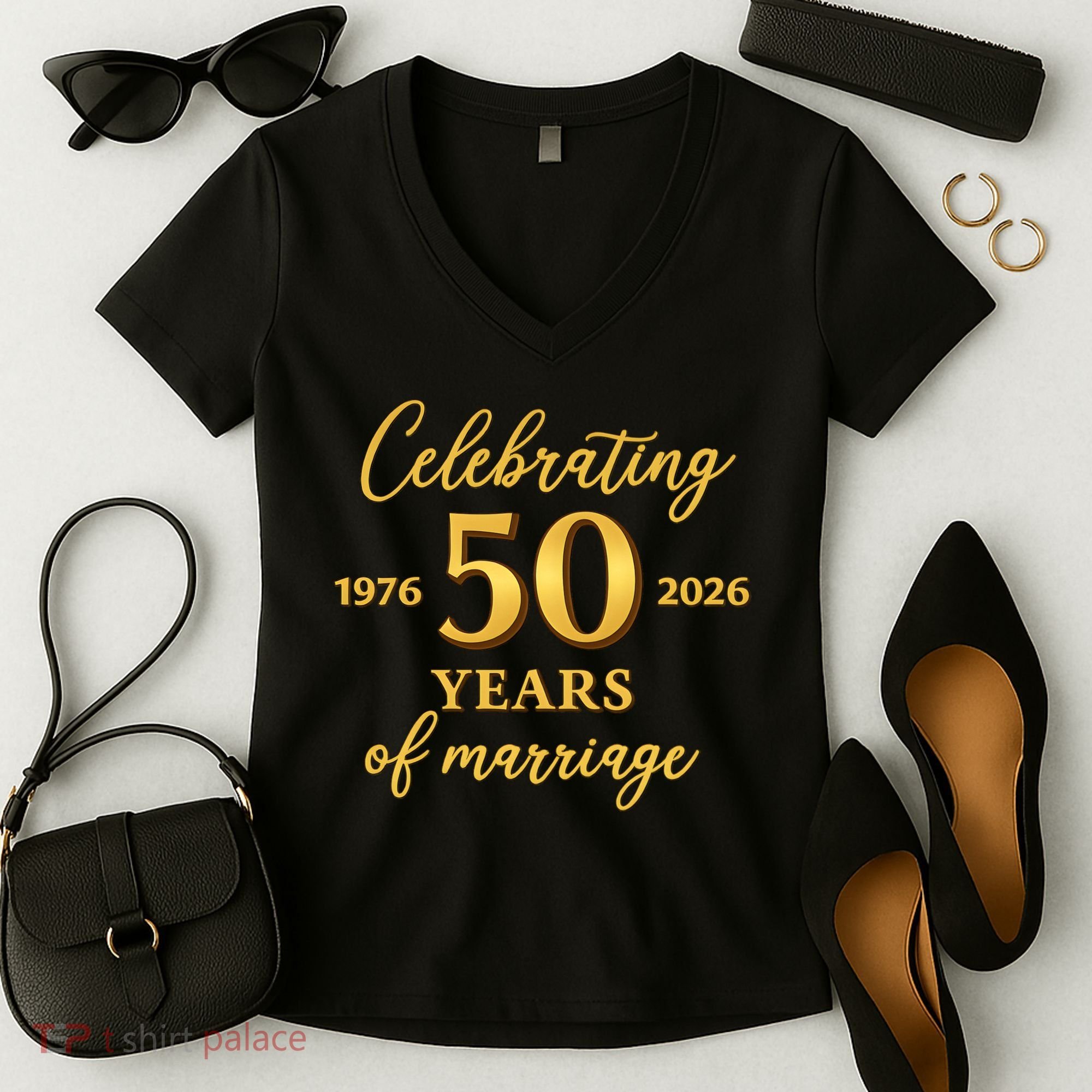 50 Years Of Marriage 1976-2026 50th Wedding Anniversary Women's V-Neck T-Shirt
