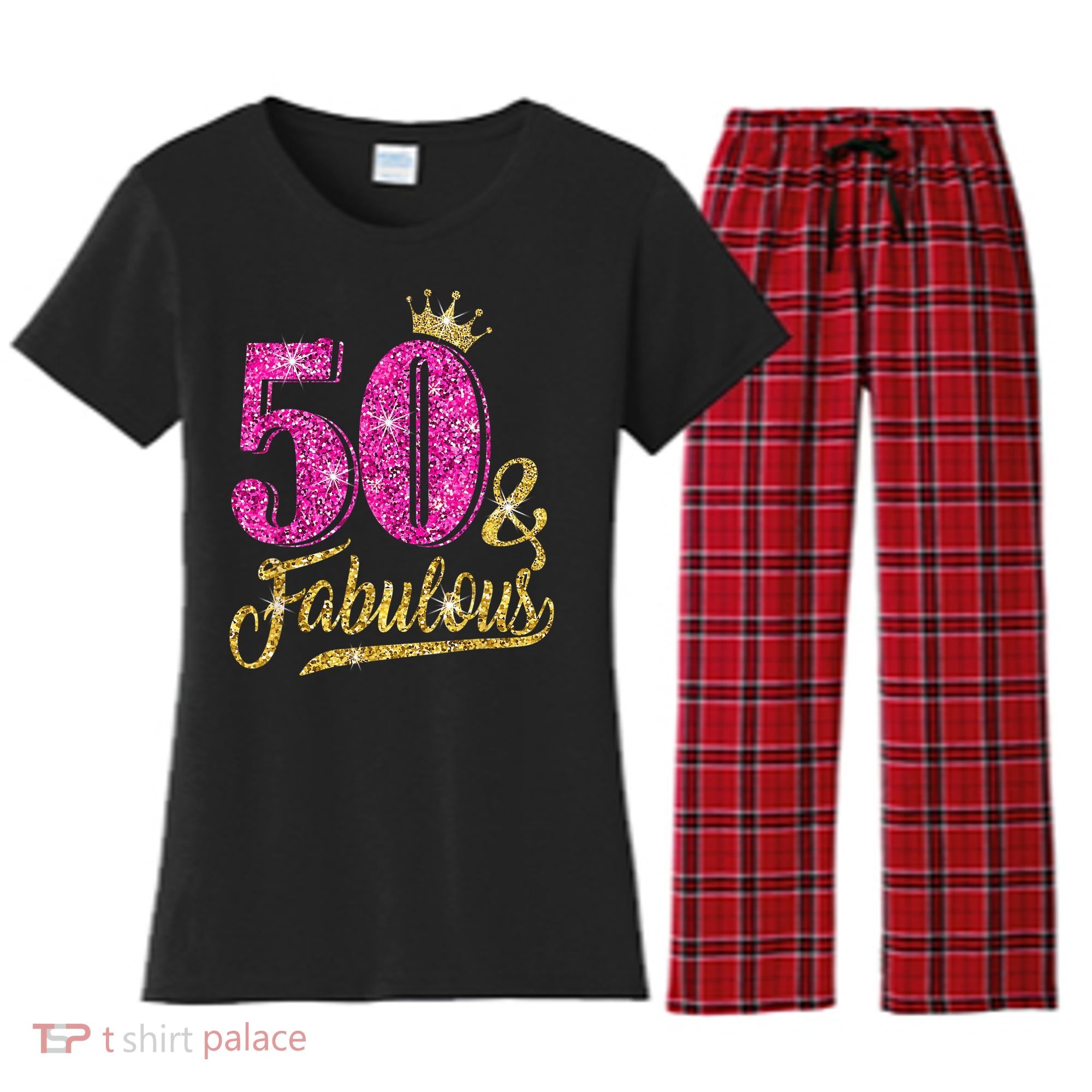 50 Years Old Gift 50 & Fabulous 50th Birthday Pink Crown Women's Flannel Pajama Set