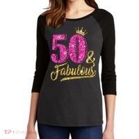 50 Years Old Gift 50 & Fabulous 50th Birthday Pink Crown Women's Tri-Blend 3/4-Sleeve Raglan Shirt thumb 2
