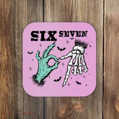 6 7 Meme Funny Witch Skeleton Hands 67 Halloween Coaster