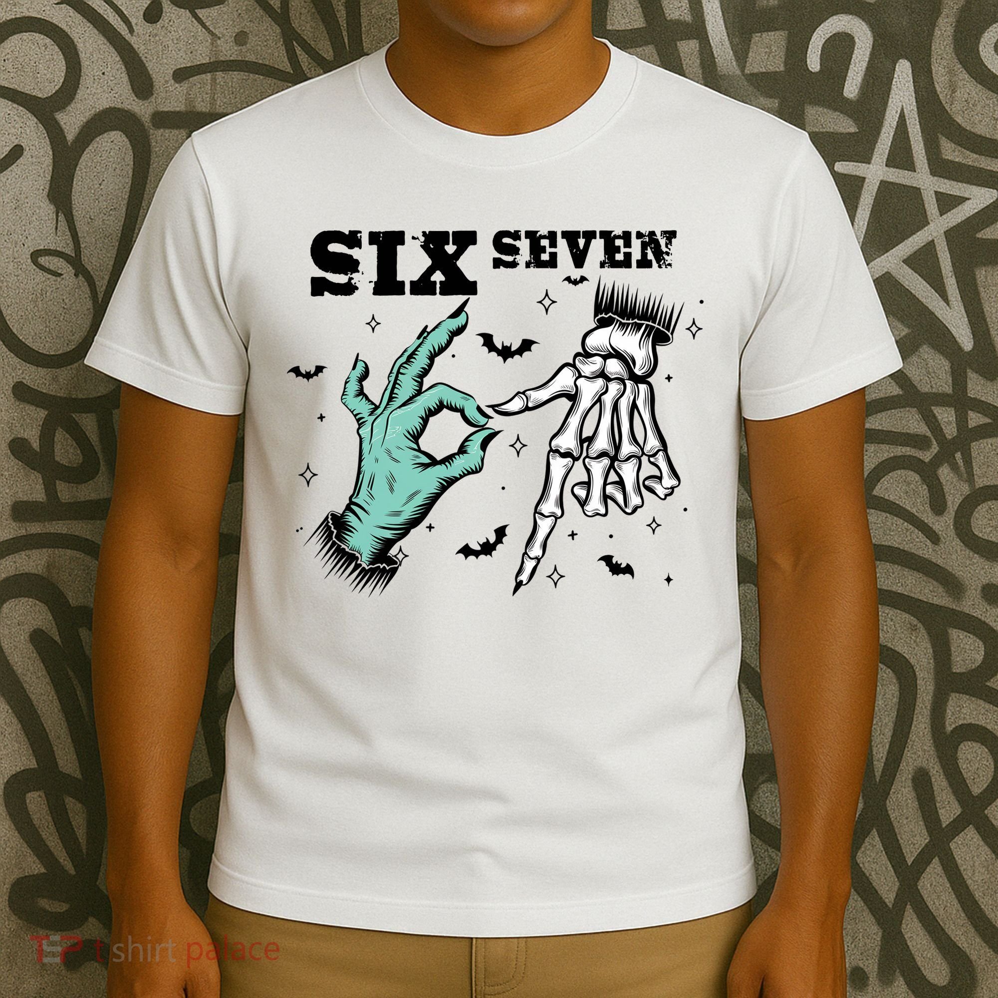6 7 Meme Funny Witch Skeleton Hands 67 Halloween T-Shirt
