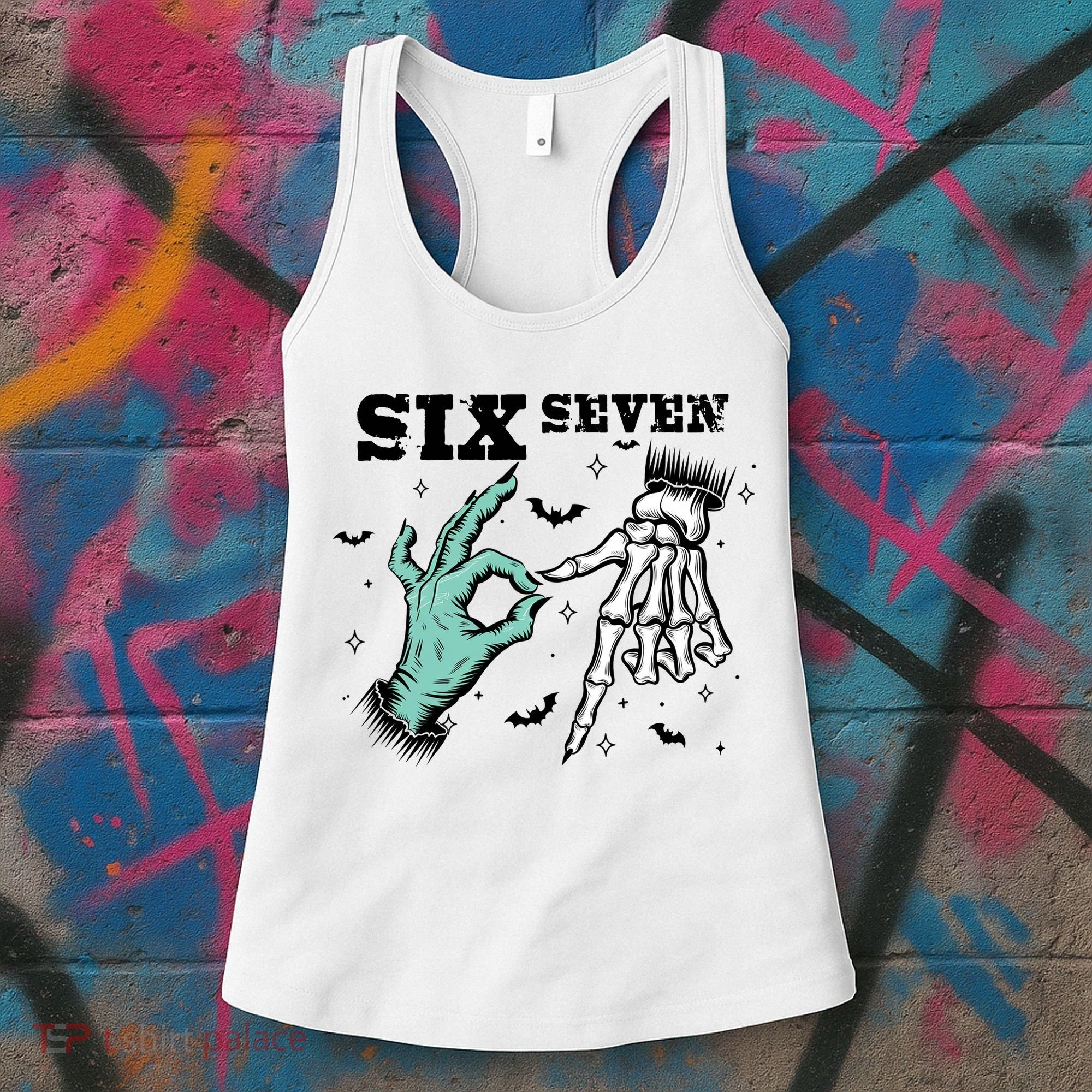 6 7 Meme Funny Witch Skeleton Hands 67 Halloween Women's Tank Top