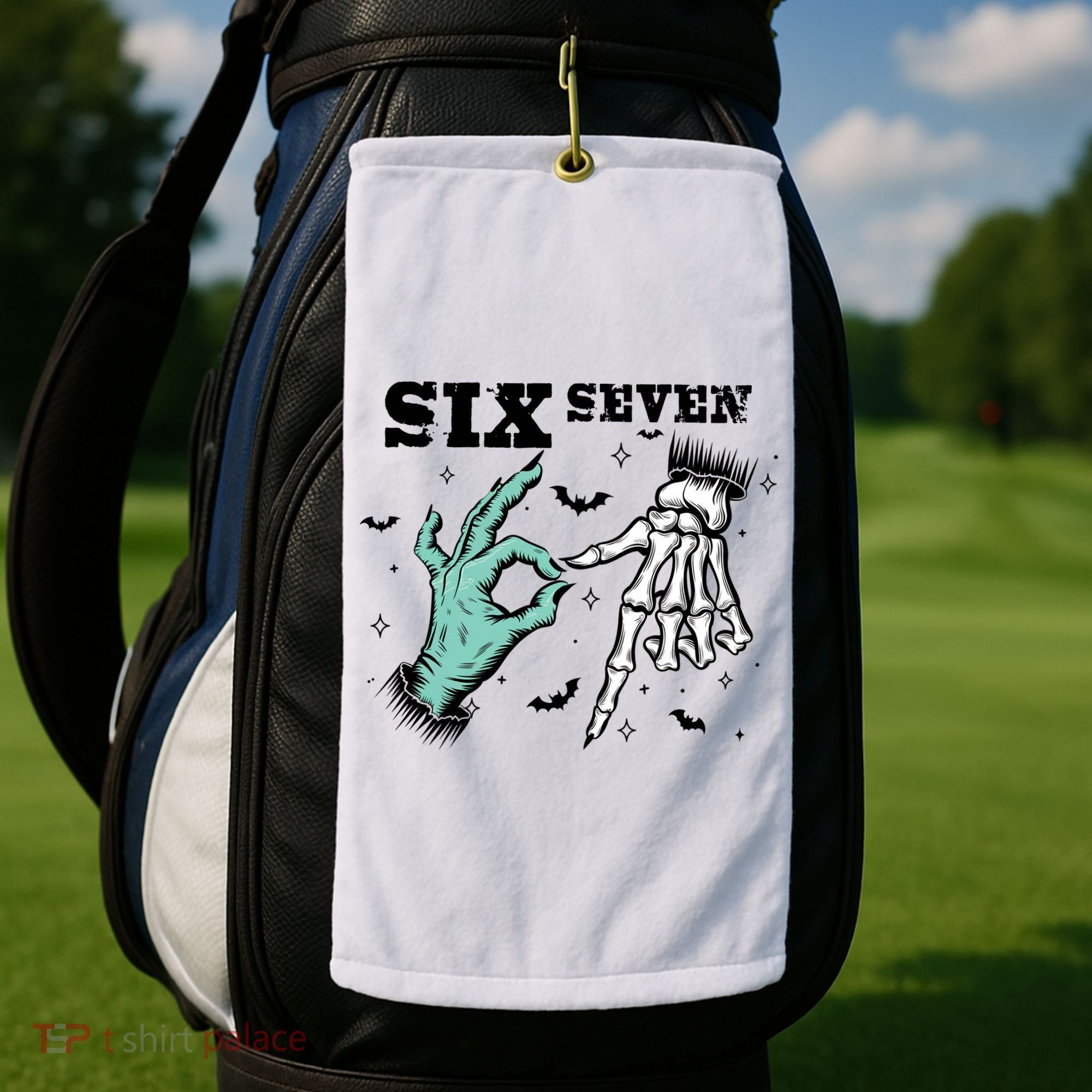 6 7 Meme Funny Witch Skeleton Hands 67 Halloween Golf Towel
