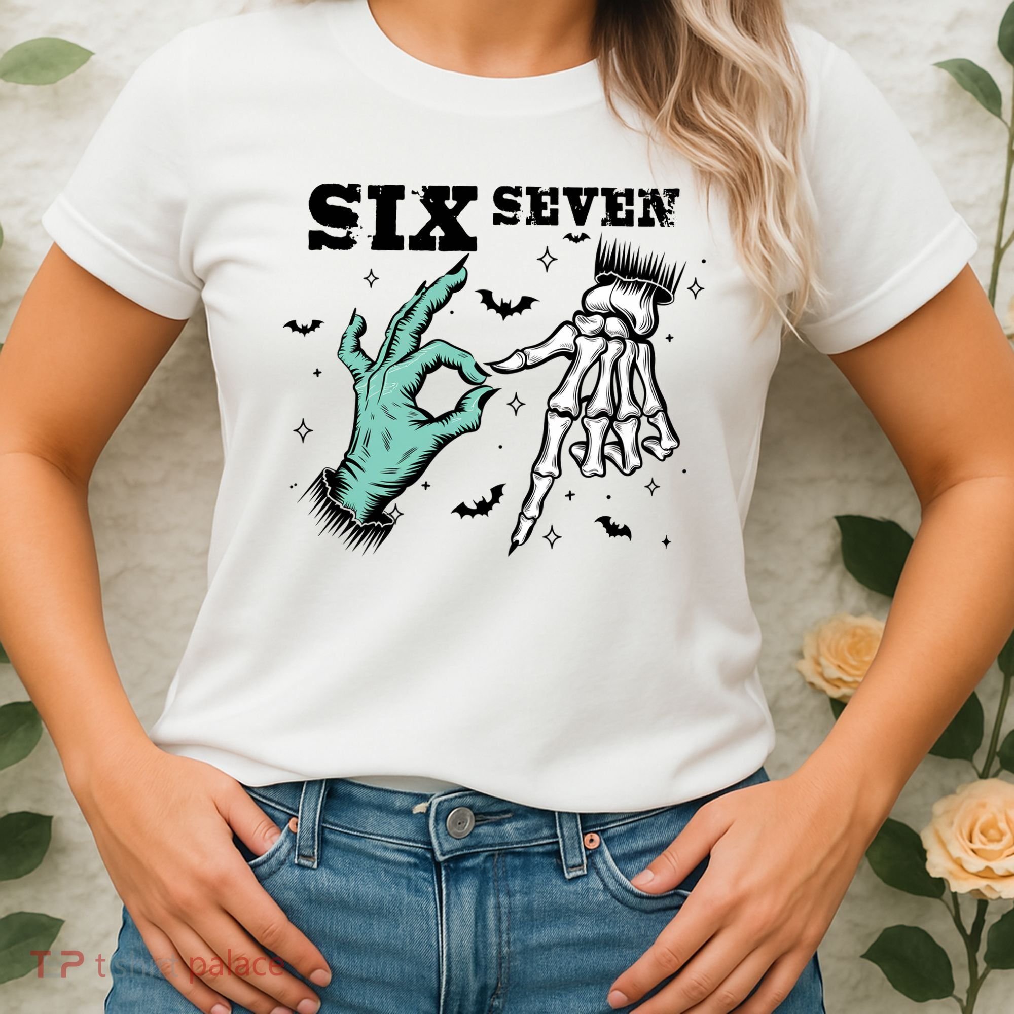 6 7 Meme Funny Witch Skeleton Hands 67 Halloween Women's T-Shirt