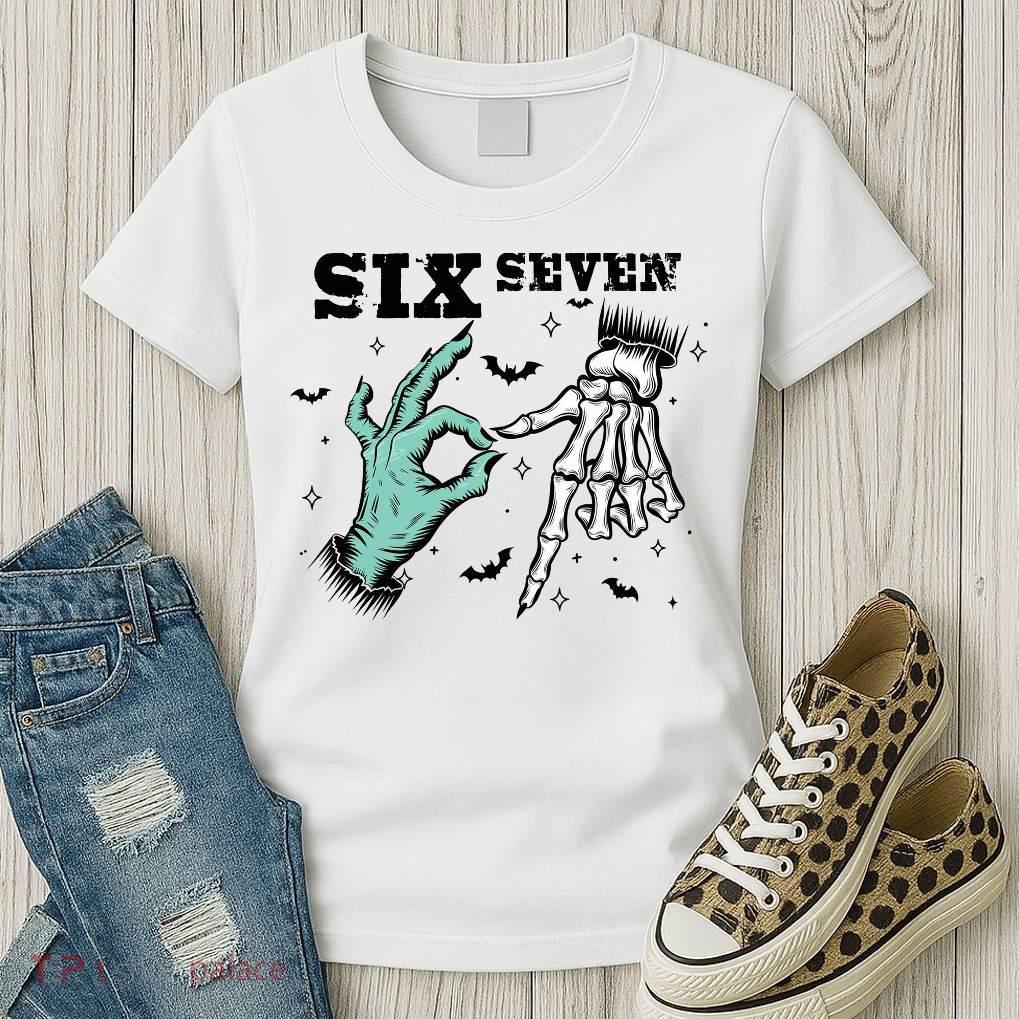 6 7 Meme Funny Witch Skeleton Hands 67 Halloween Women's T-Shirt
