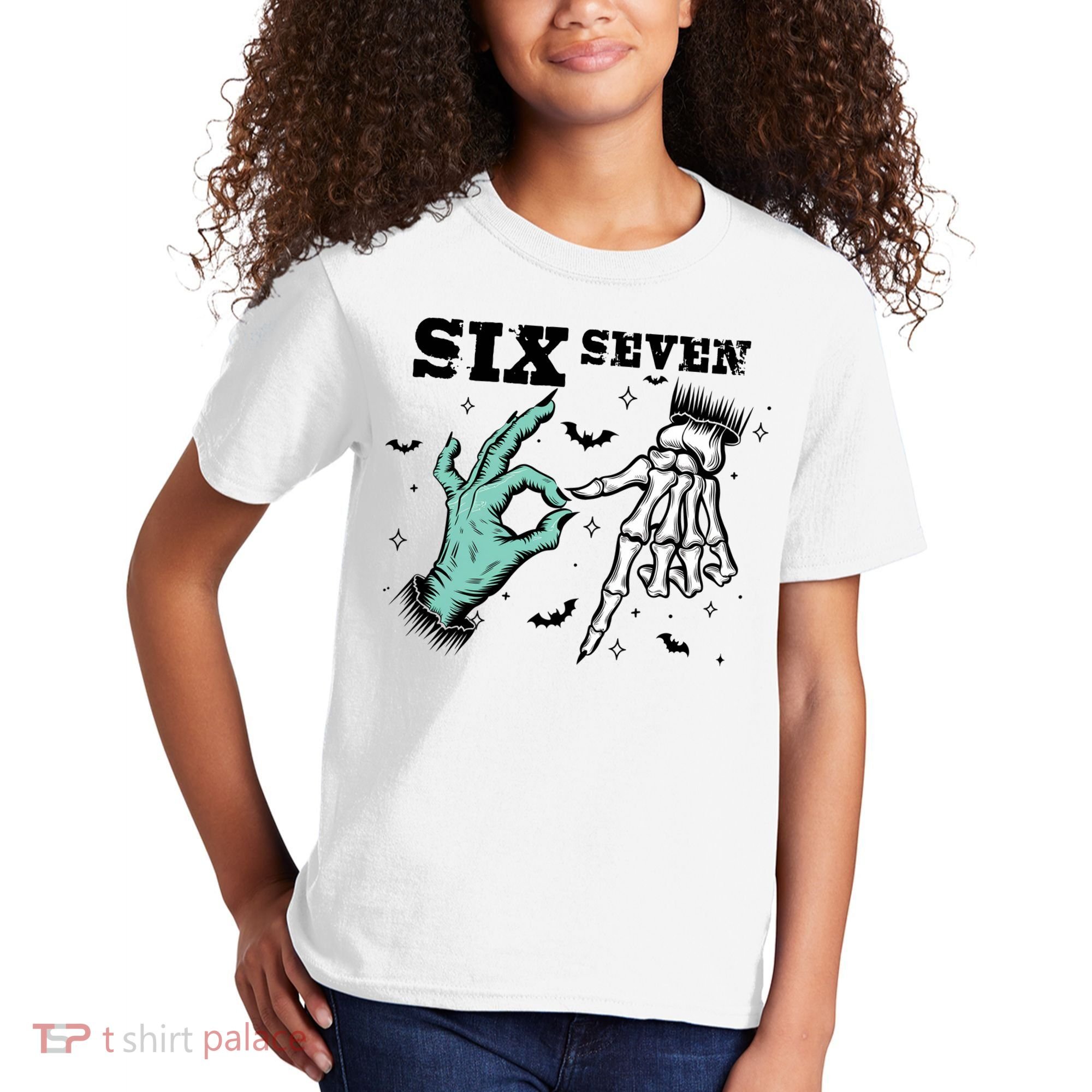 6 7 Meme Funny Witch Skeleton Hands 67 Halloween Kids T-Shirt