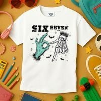 6 7 Meme Funny Witch Skeleton Hands 67 Halloween Kids T-Shirt thumb 3
