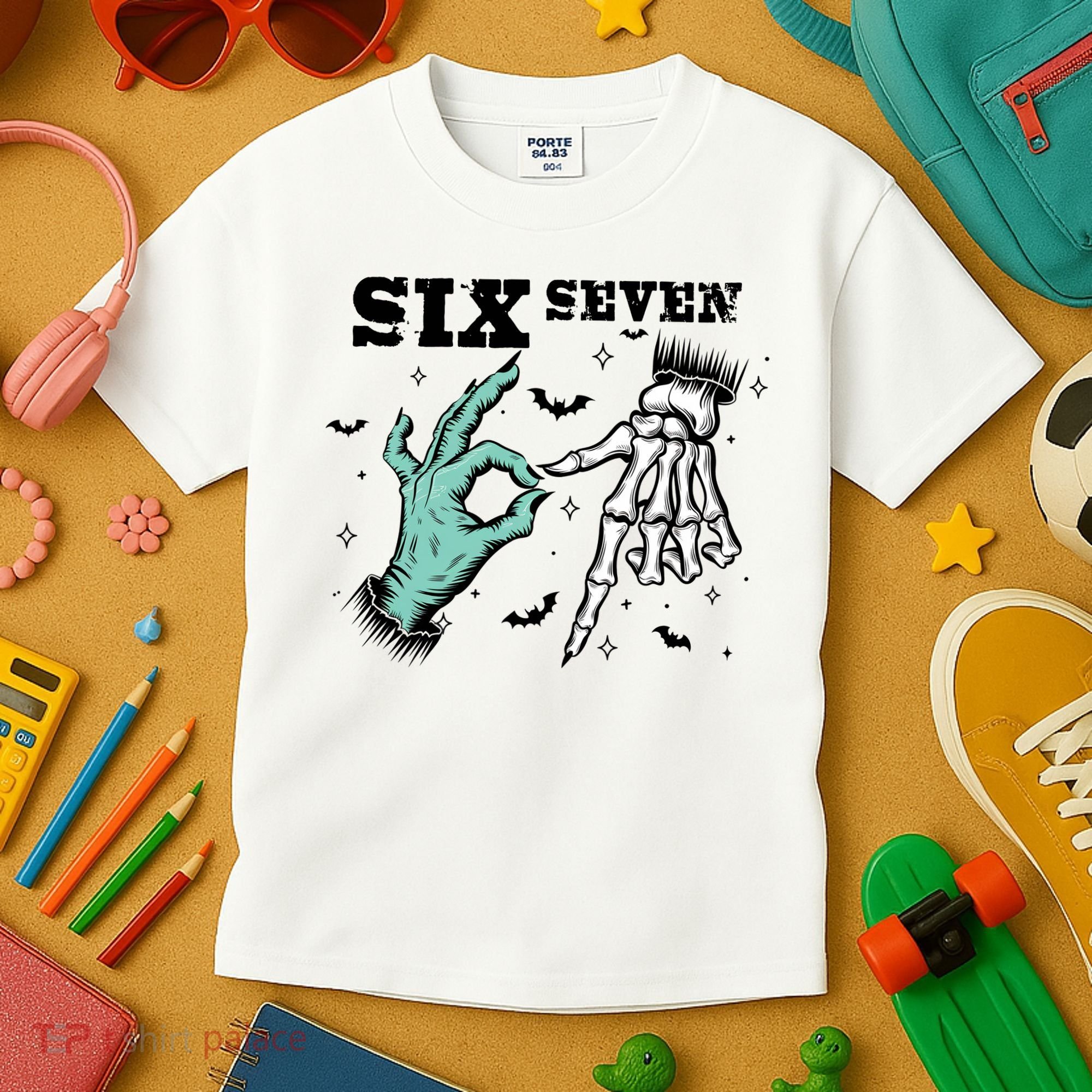 6 7 Meme Funny Witch Skeleton Hands 67 Halloween Kids T-Shirt
