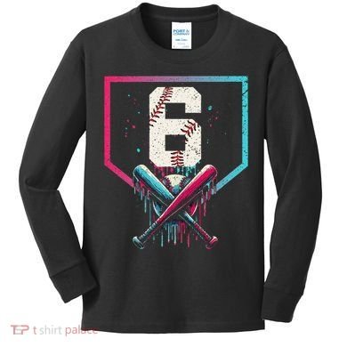 6th Birthday Baseball Home Plate Drip Ice Cream Sprinkle Gift Kids Long Sleeve Shirt