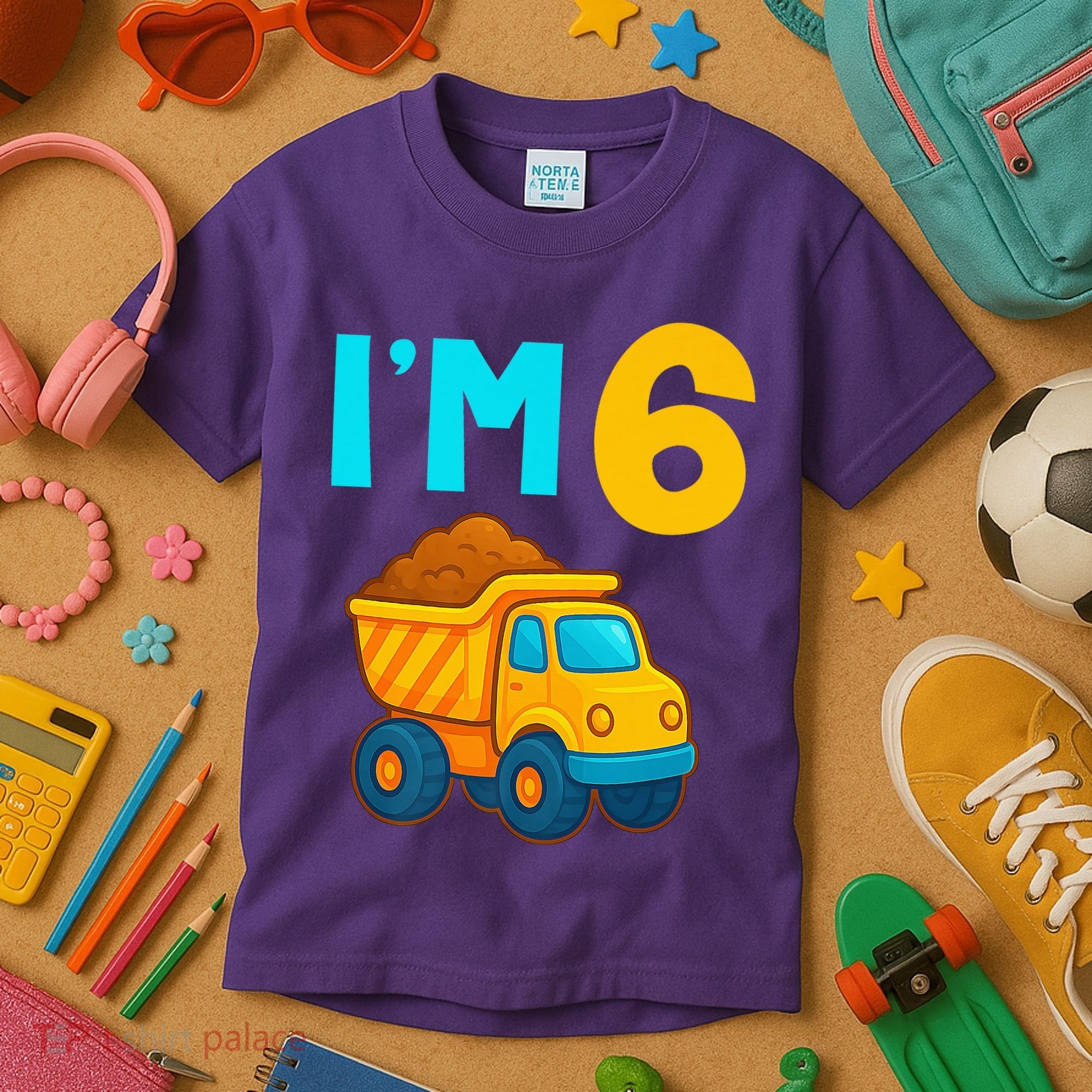 6th Birthday Cartoon Dump Toy Truck Construction I'M 6 Six Kids T-Shirt