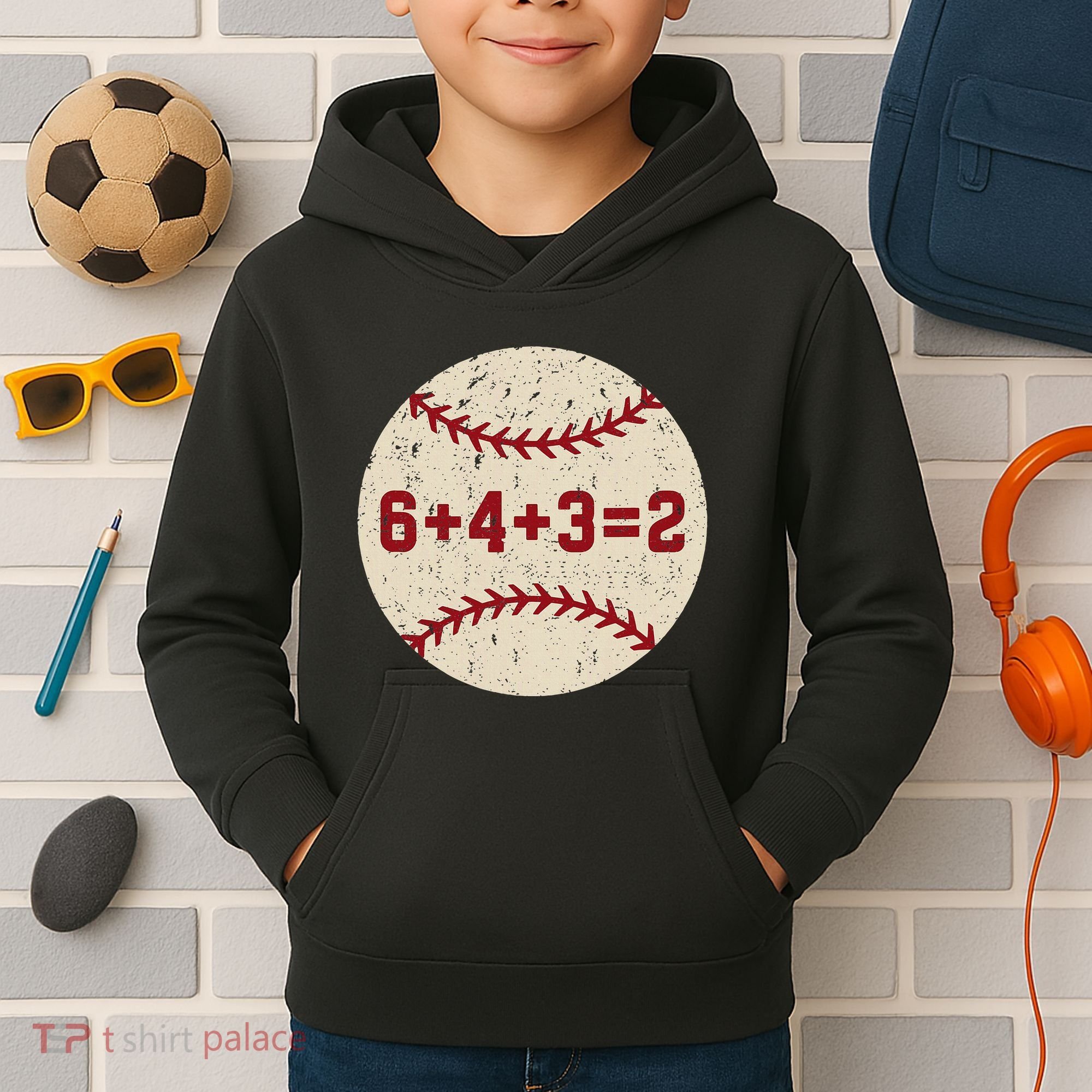 6+4+3=2 Baseball Double Play Retro Funny Baseball Player Kids Hoodie