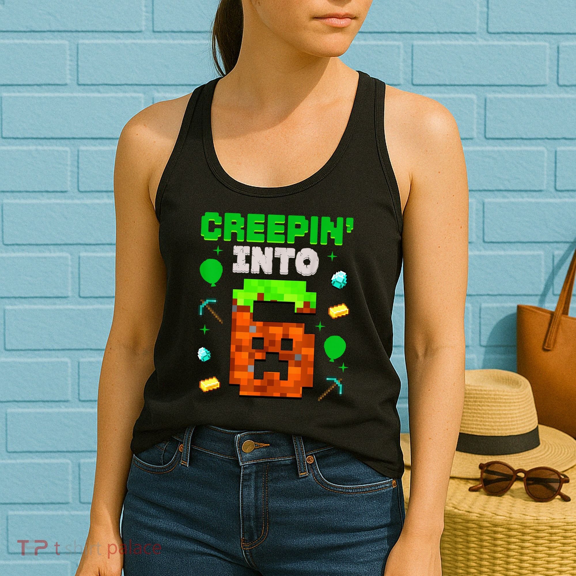 6th Birthday Gamer Pixel Style Creepin’ Into 6 Video Game Party Women's Tank Top
