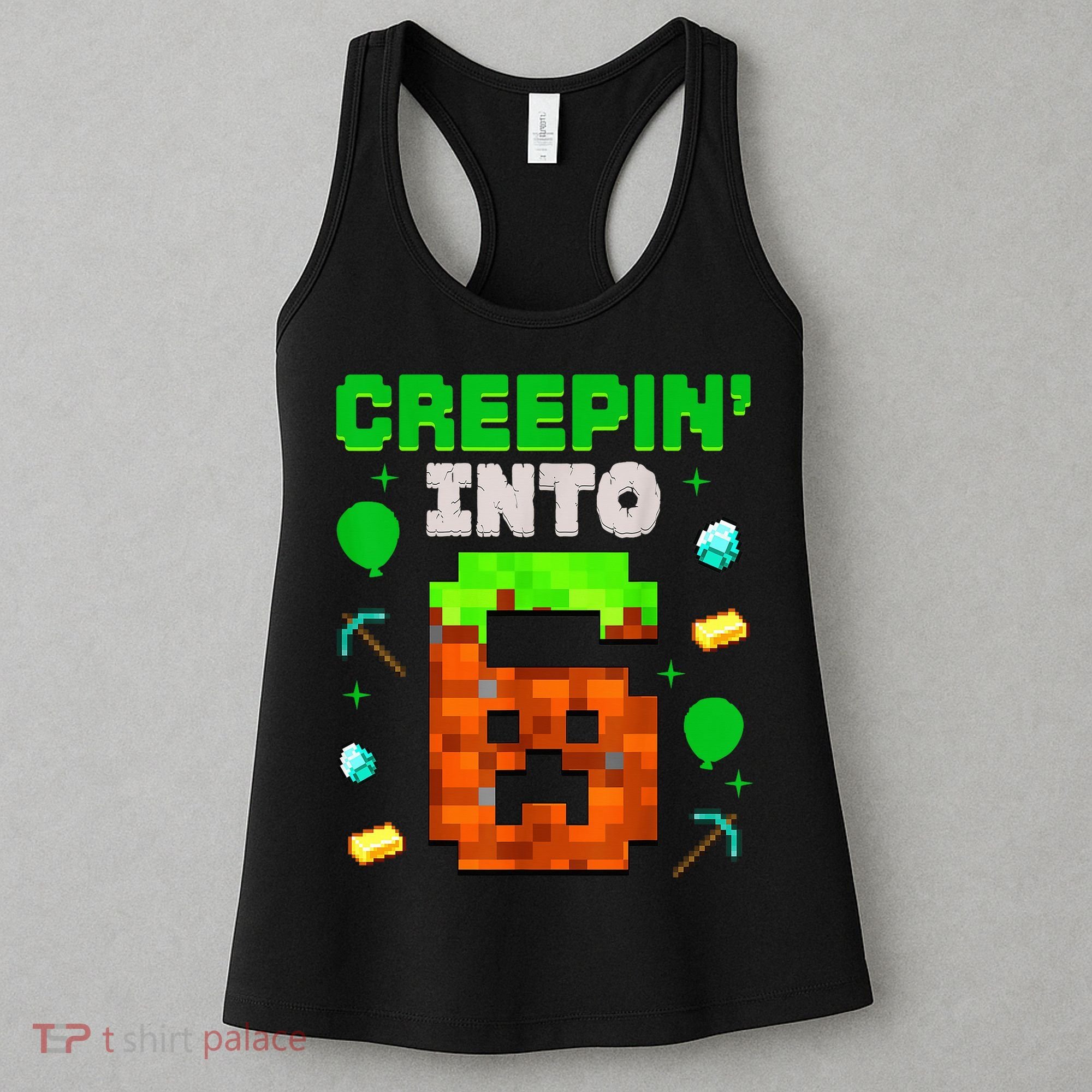6th Birthday Gamer Pixel Style Creepin’ Into 6 Video Game Party Women's Tank Top