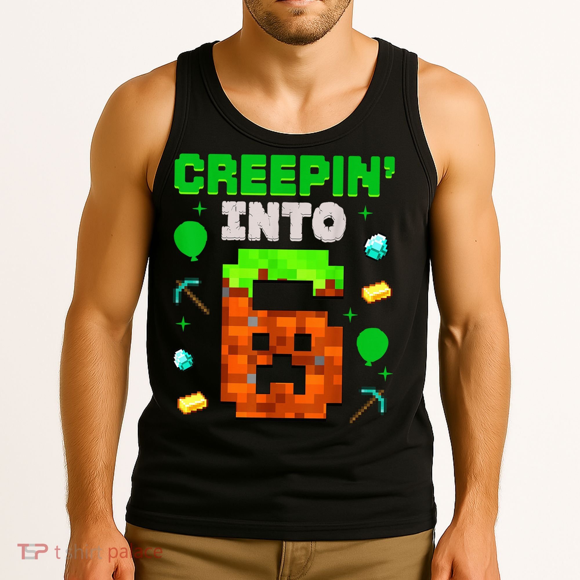 6th Birthday Gamer Pixel Style Creepin’ Into 6 Video Game Party Tank Top