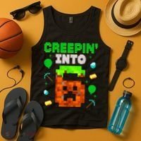 6th Birthday Gamer Pixel Style Creepin’ Into 6 Video Game Party Tank Top thumb 4