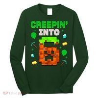 6th Birthday Gamer Pixel Style Creepin’ Into 6 Video Game Party Long Sleeve Shirt thumb 0