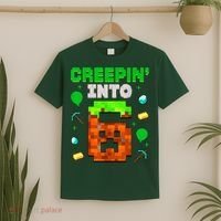 6th Birthday Gamer Pixel Style Creepin’ Into 6 Video Game Party T-Shirt thumb 2