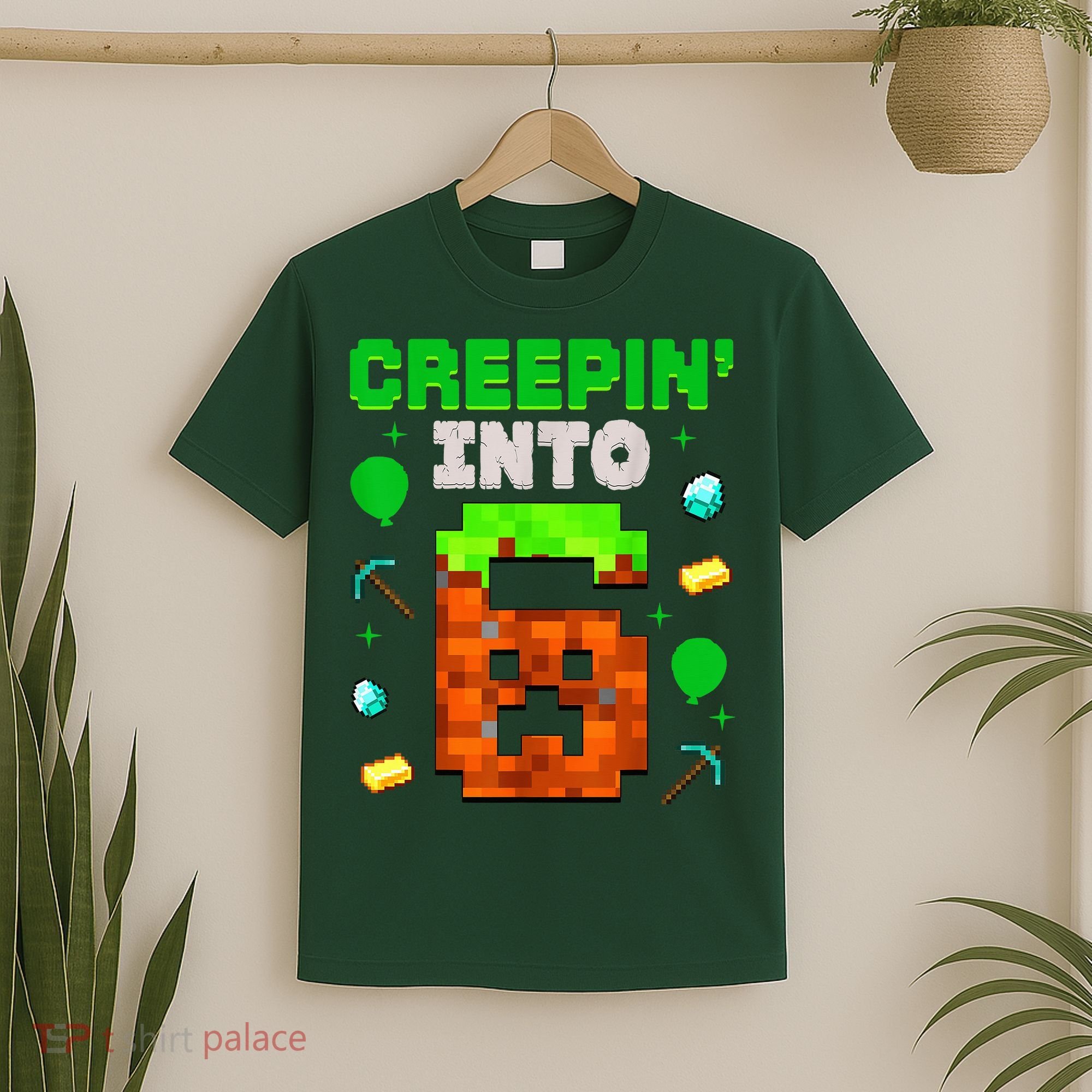 6th Birthday Gamer Pixel Style Creepin’ Into 6 Video Game Party T-Shirt
