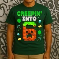 6th Birthday Gamer Pixel Style Creepin’ Into 6 Video Game Party T-Shirt thumb 3