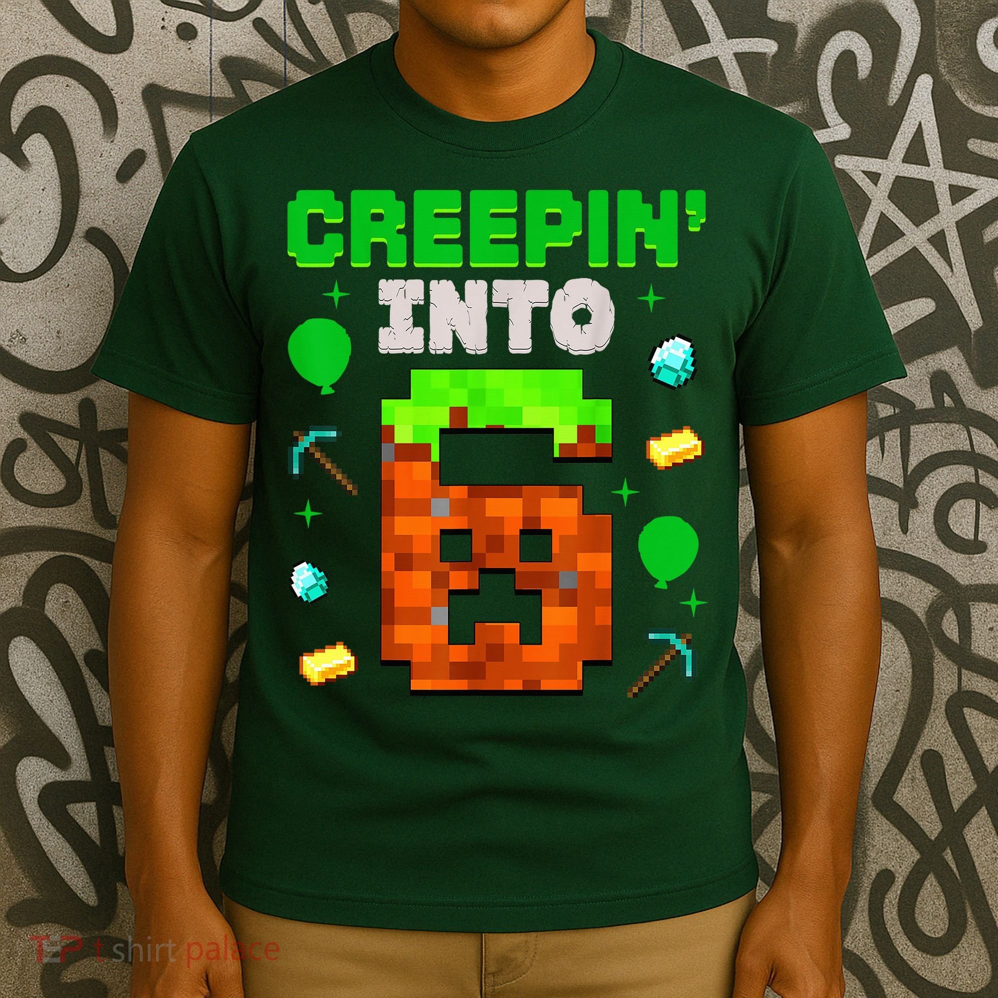 6th Birthday Gamer Pixel Style Creepin’ Into 6 Video Game Party T-Shirt
