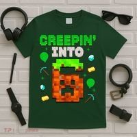 6th Birthday Gamer Pixel Style Creepin’ Into 6 Video Game Party T-Shirt thumb 5
