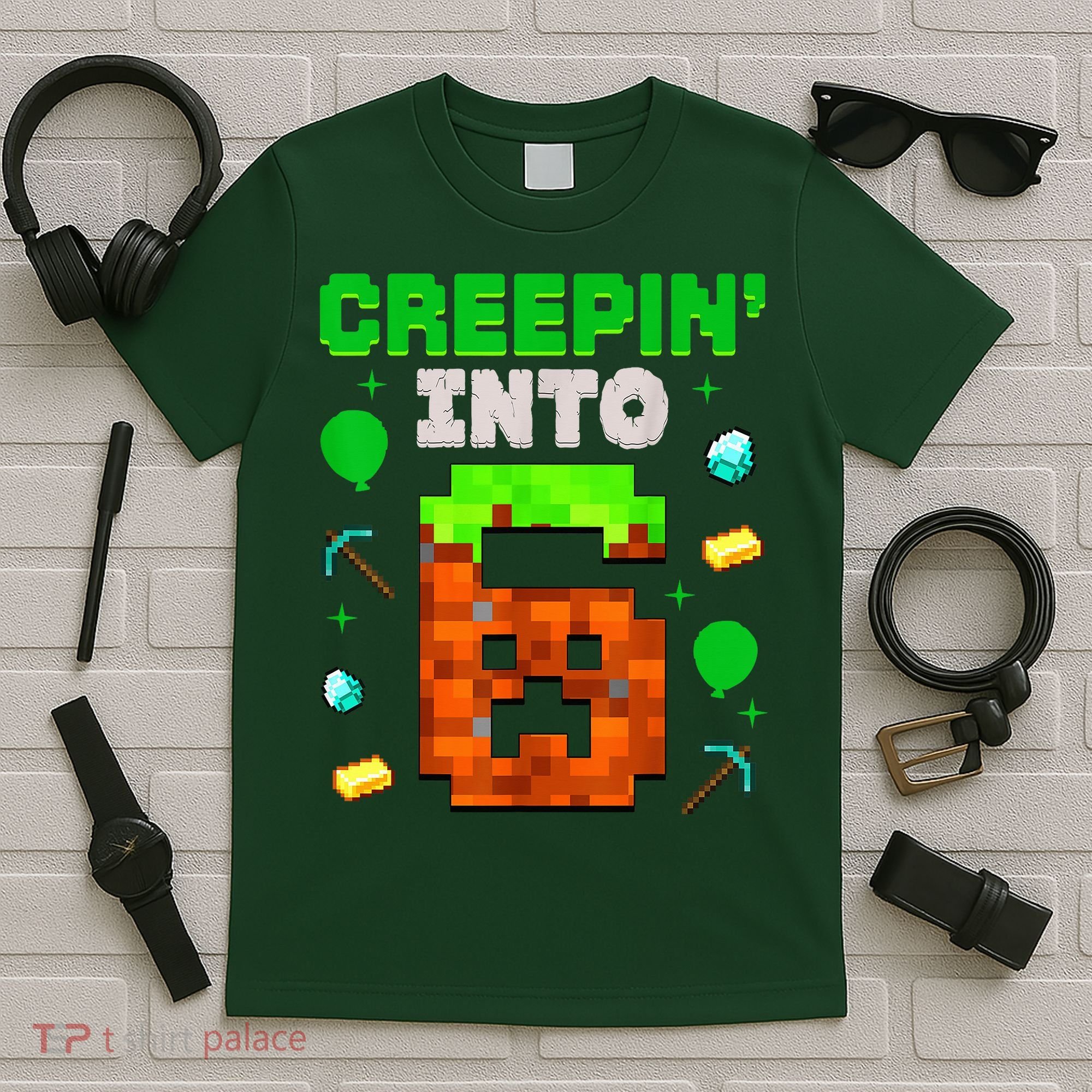 6th Birthday Gamer Pixel Style Creepin’ Into 6 Video Game Party T-Shirt