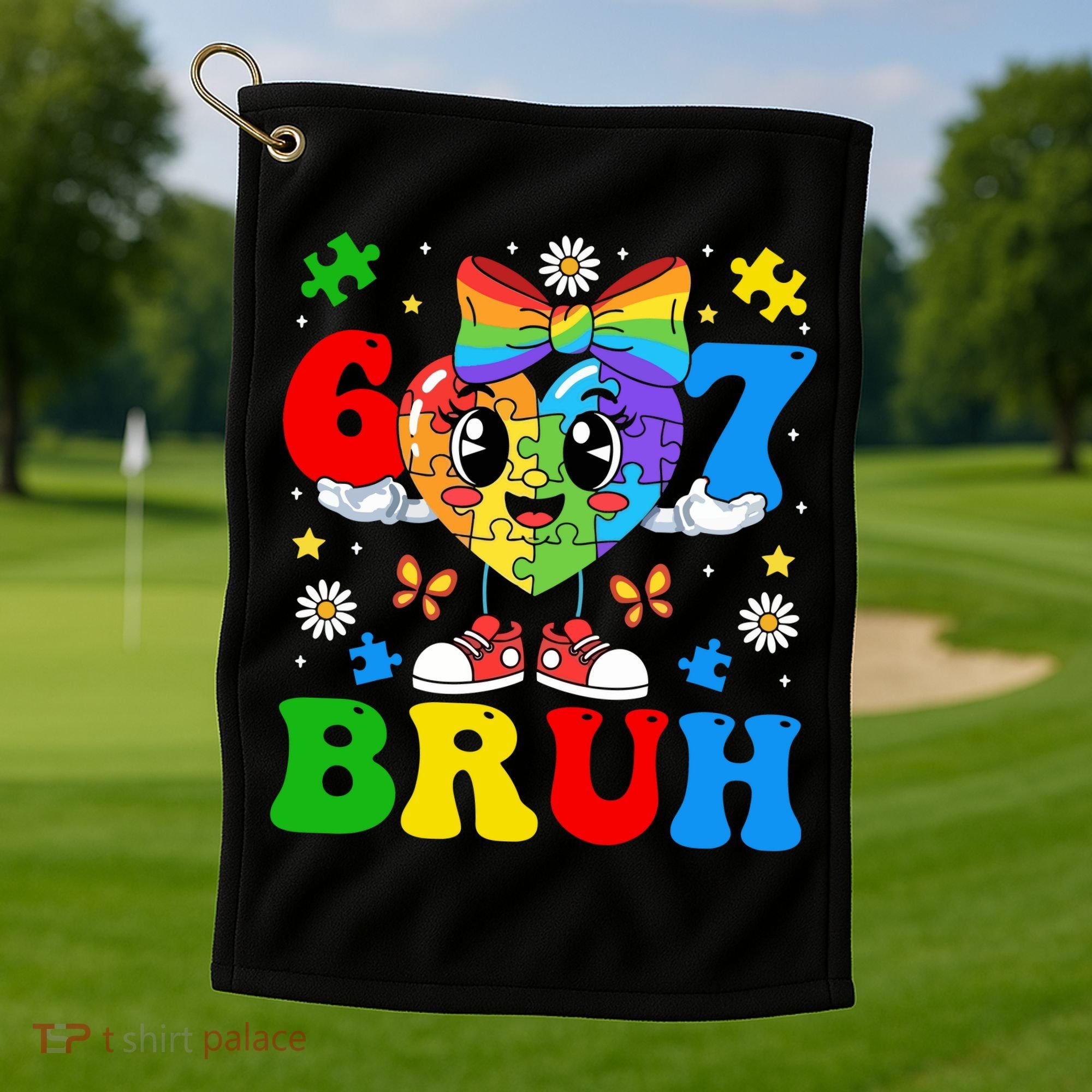 67 Bruh Puzzle Heart Autism Awareness Golf Towel