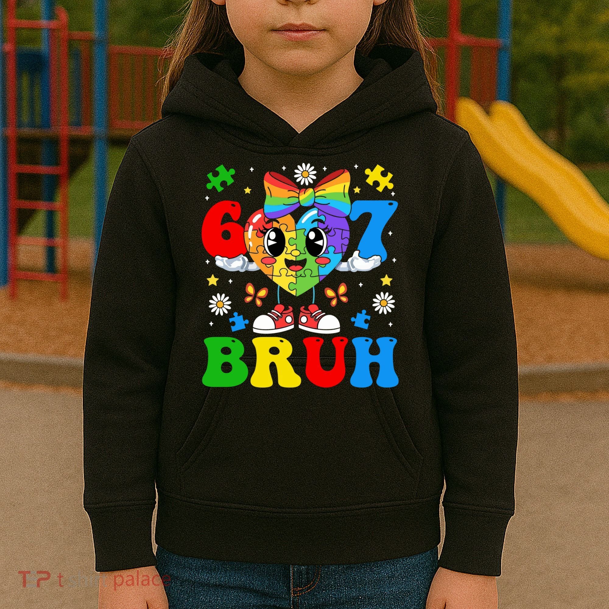 67 Bruh Puzzle Heart Autism Awareness Kids Hoodie